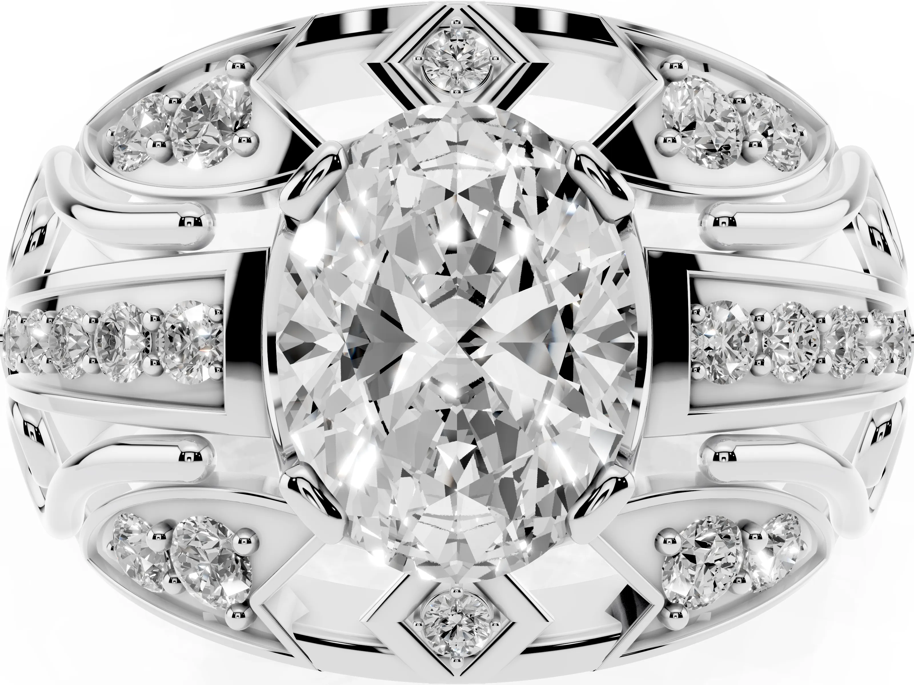 Oval Cut Diamond Art Deco Ring Set in Silver with Pavé Split Shank