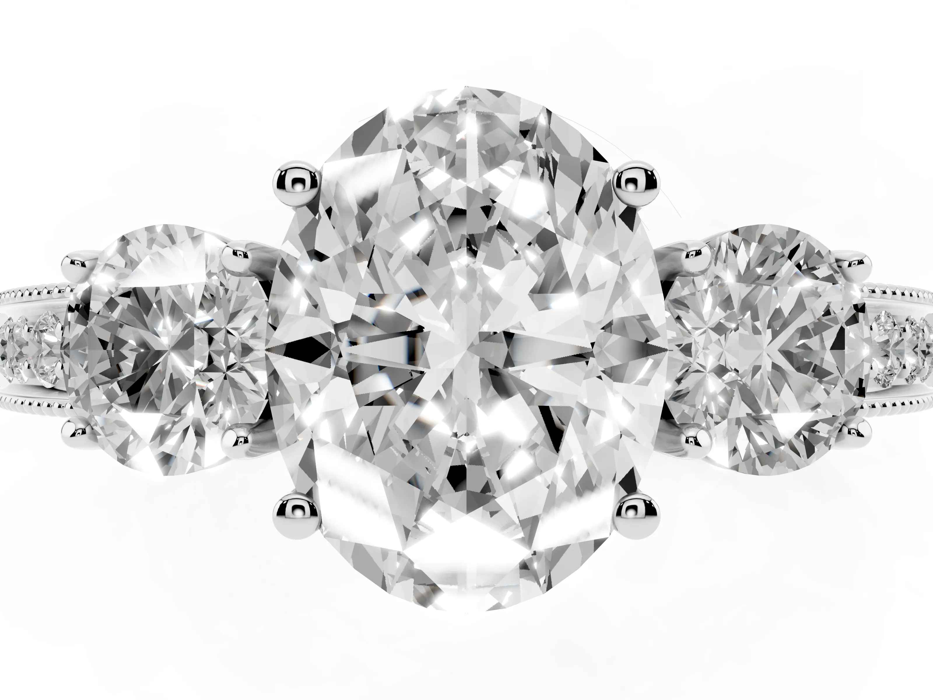 Oval Cut Diamond Three-Stone Ring Set in Silver with Round Side Stones and Pavé Band