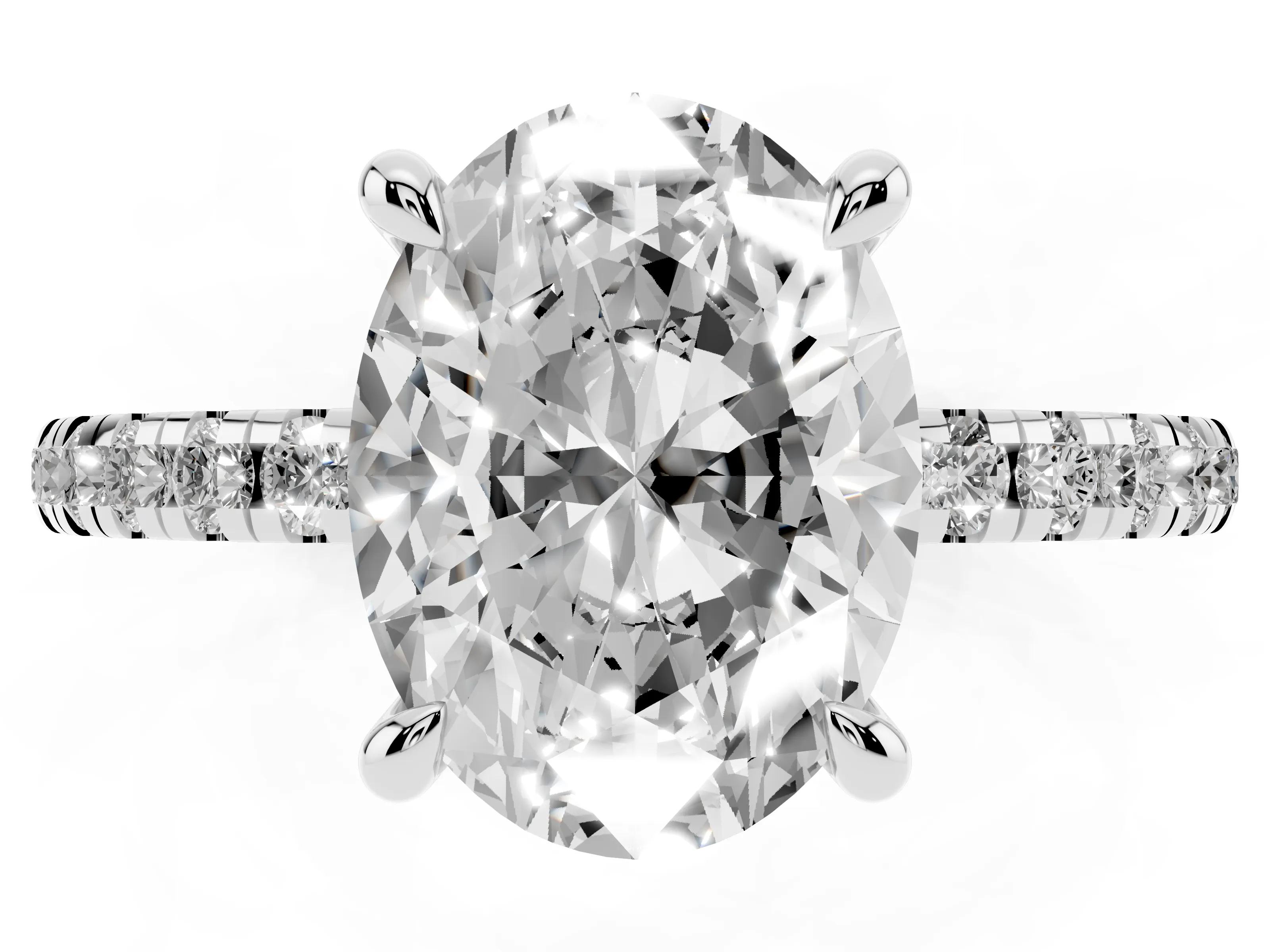 Oval Cut Diamond Brilliant Solitaire Ring Set in White gold with Pavé Band and Prong Setting