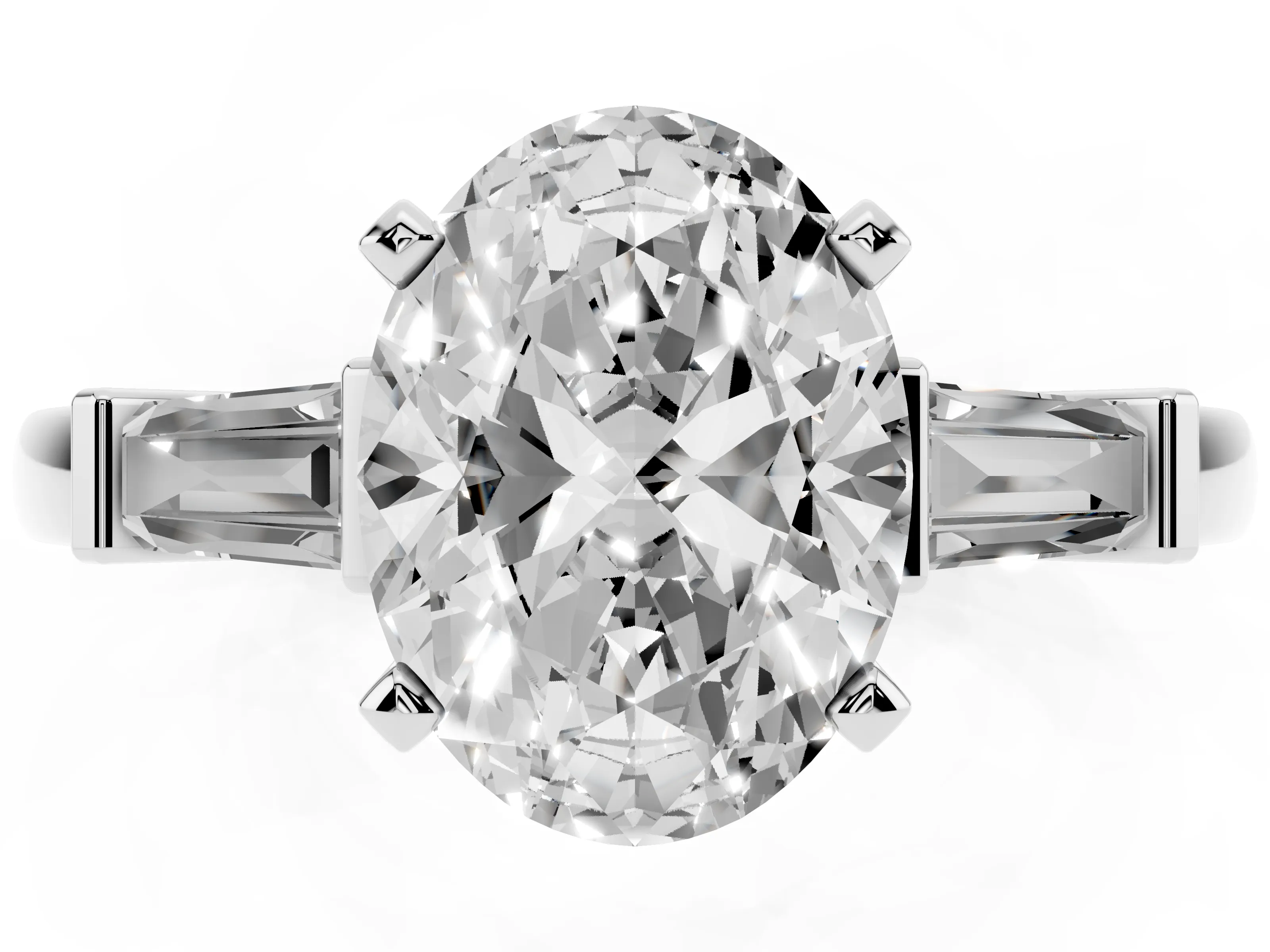 Oval Cut Diamond Solitaire Ring Set in White gold with Tapered Baguette Accents and Prong Setting