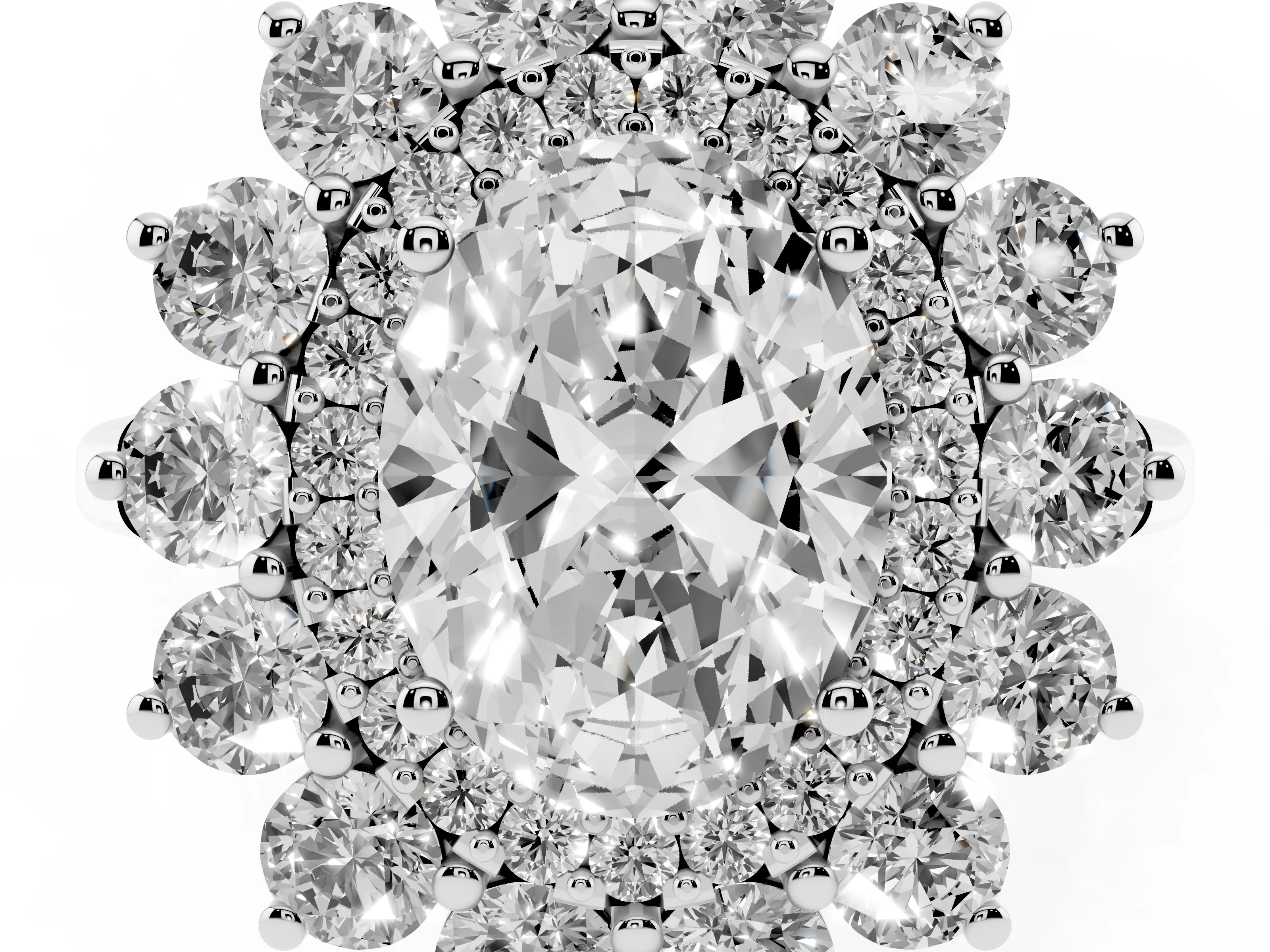 Oval Cut Diamond Floral Double Halo Ring Set in Platinum with Round Petals