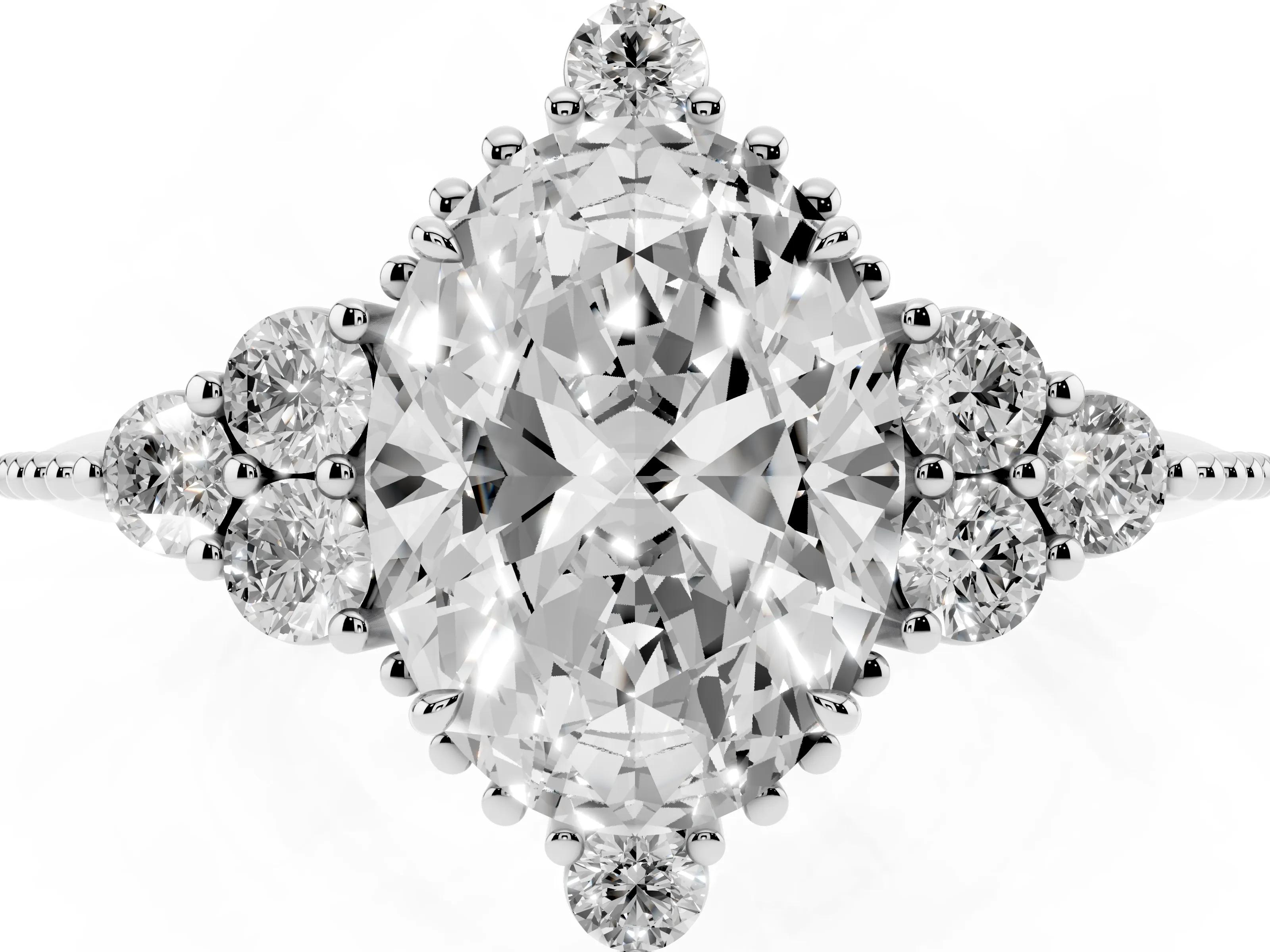 Oval Cut Diamond Cluster Ring Set in Platinum with Beaded Band