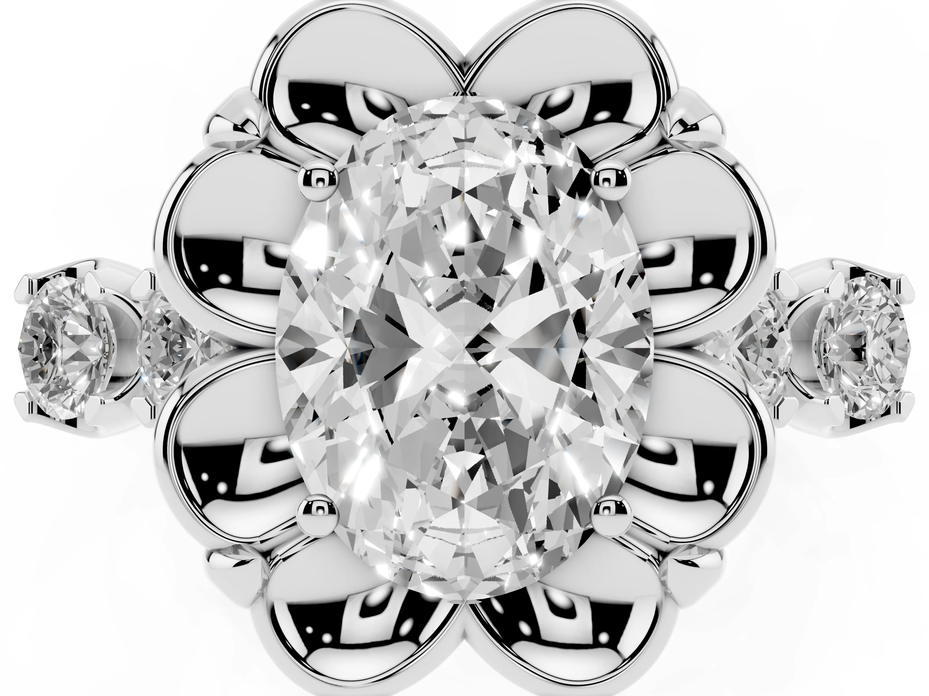 Oval Cut Diamond Floral Halo Ring Set in Silver with Shared Prong Band
