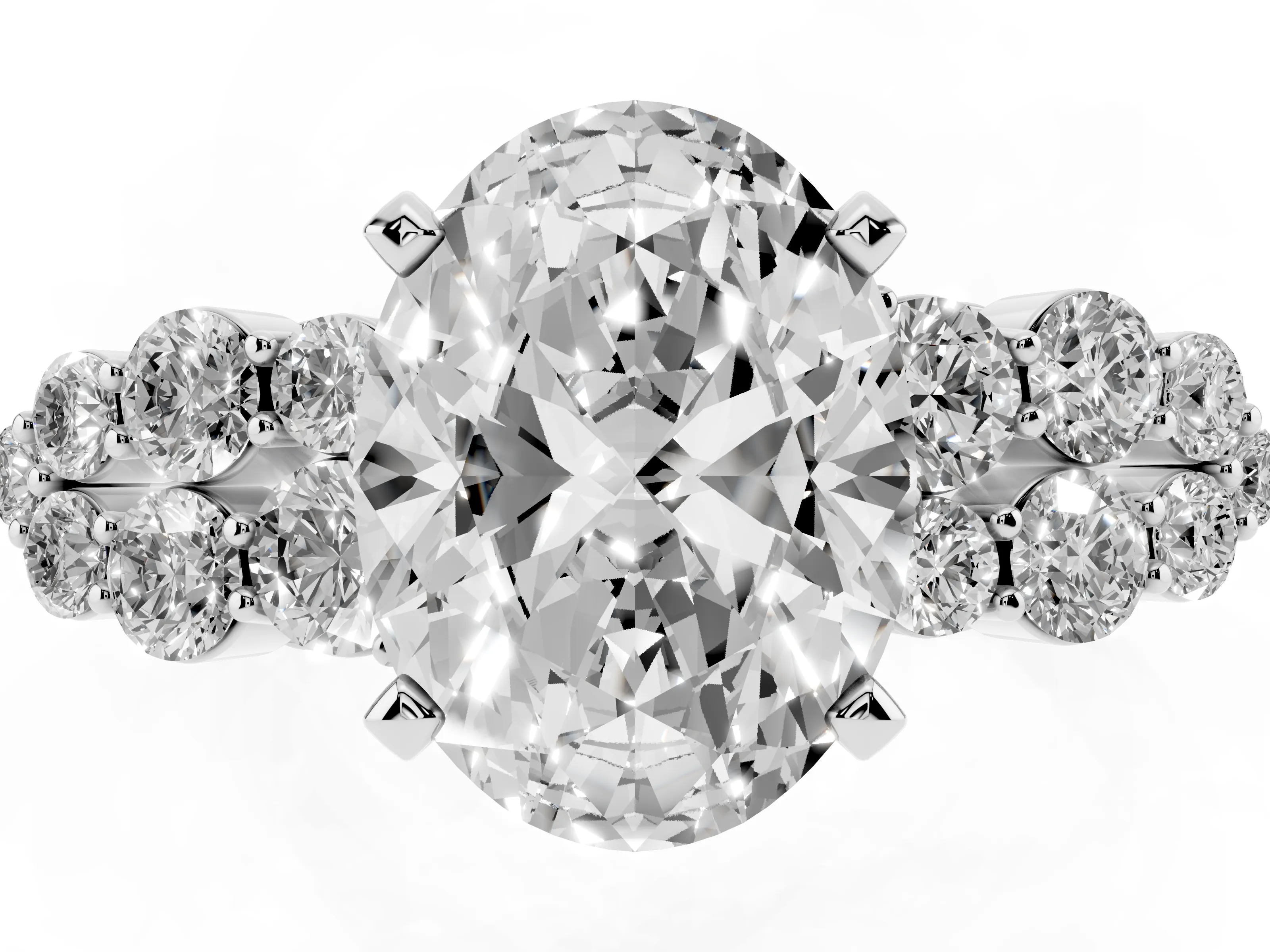 Oval Cut Diamond Cluster Engagement Ring Set in White gold with Pavé Band and Prong Setting
