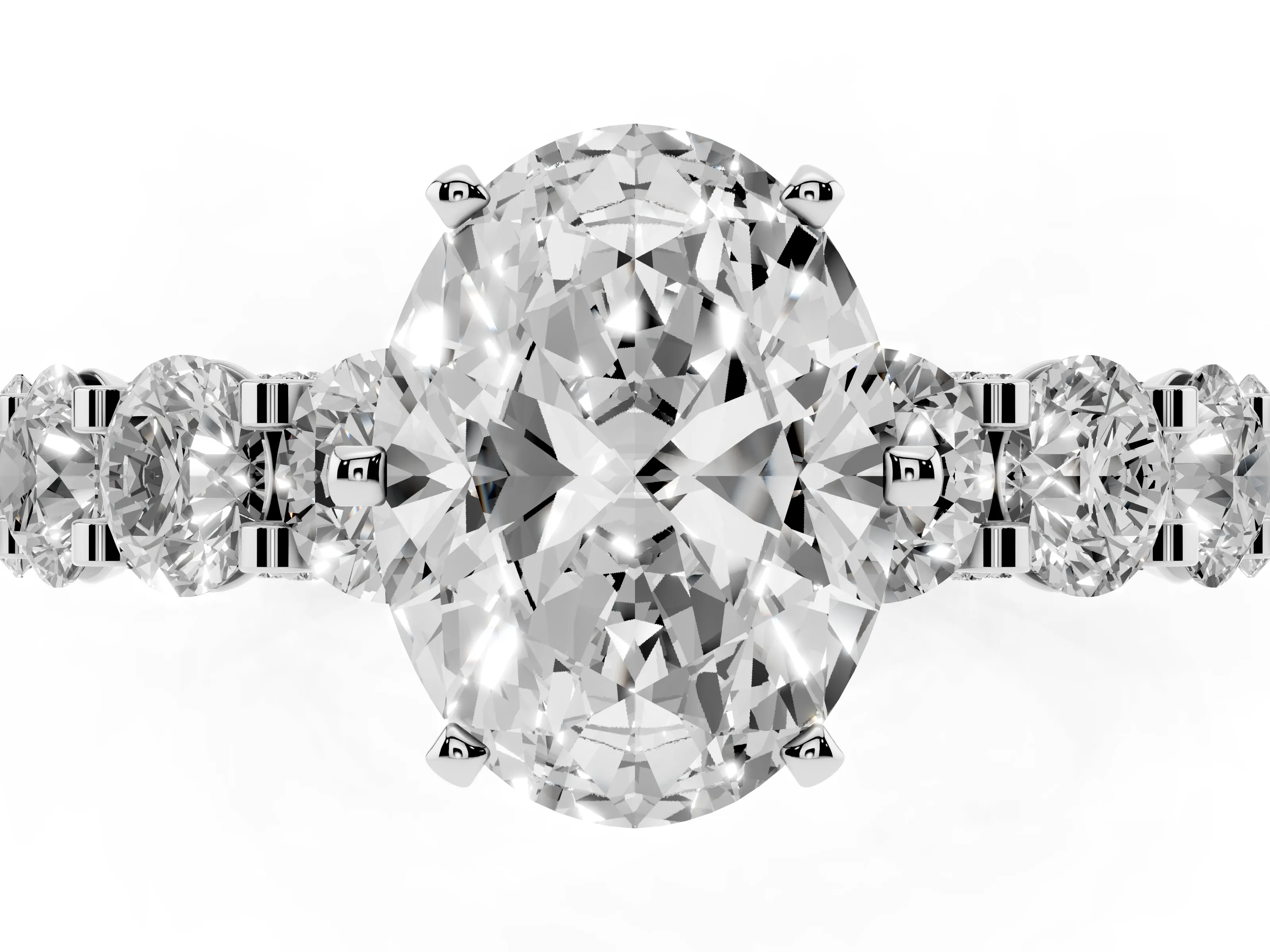 Oval Cut Diamond Side Stone Ring Set in White gold with Alternating Round and Oval Side Stones