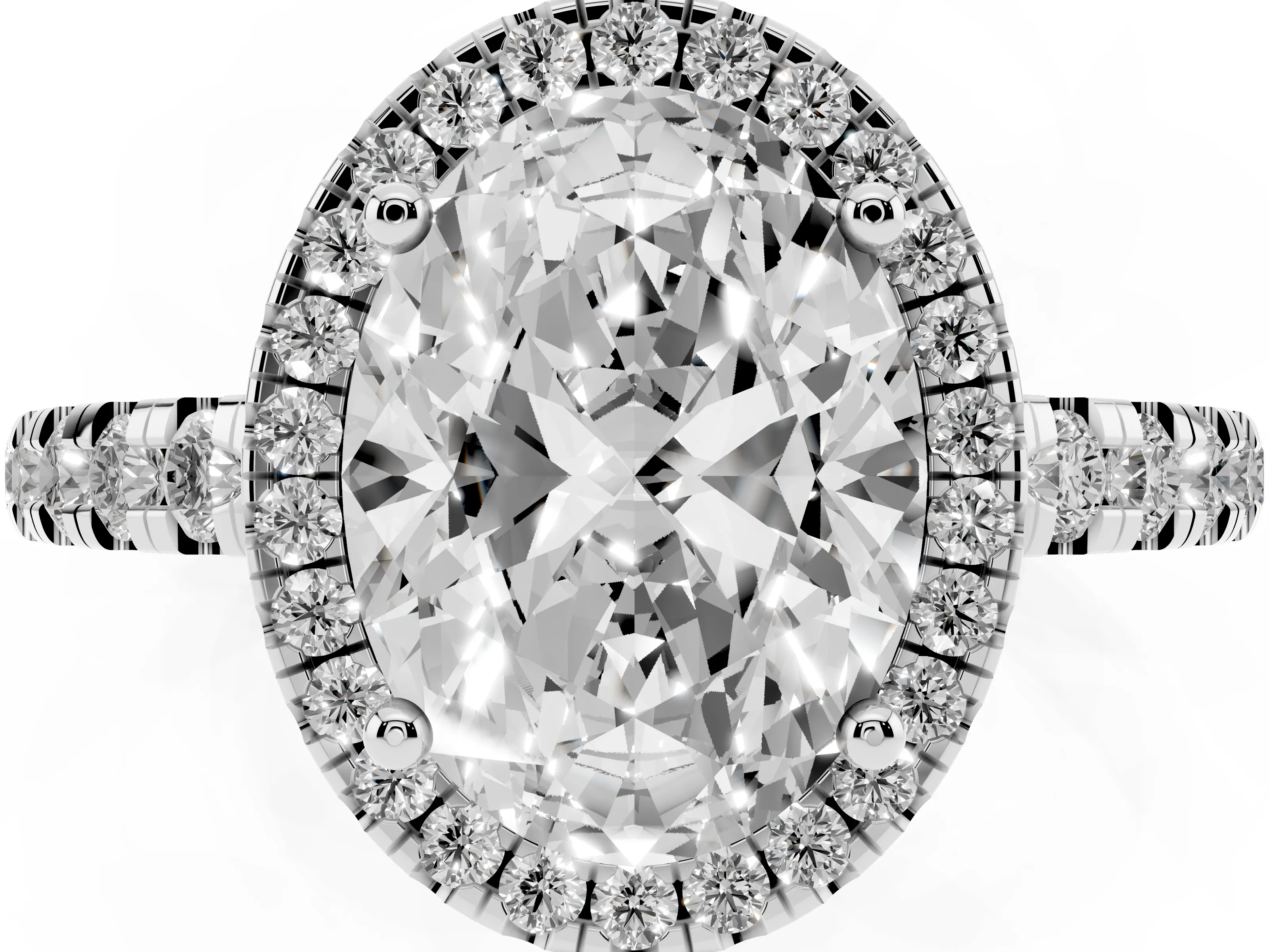 Oval Cut Diamond Halo Ring Set in White gold with Delicate Pavé Band and Prong Setting