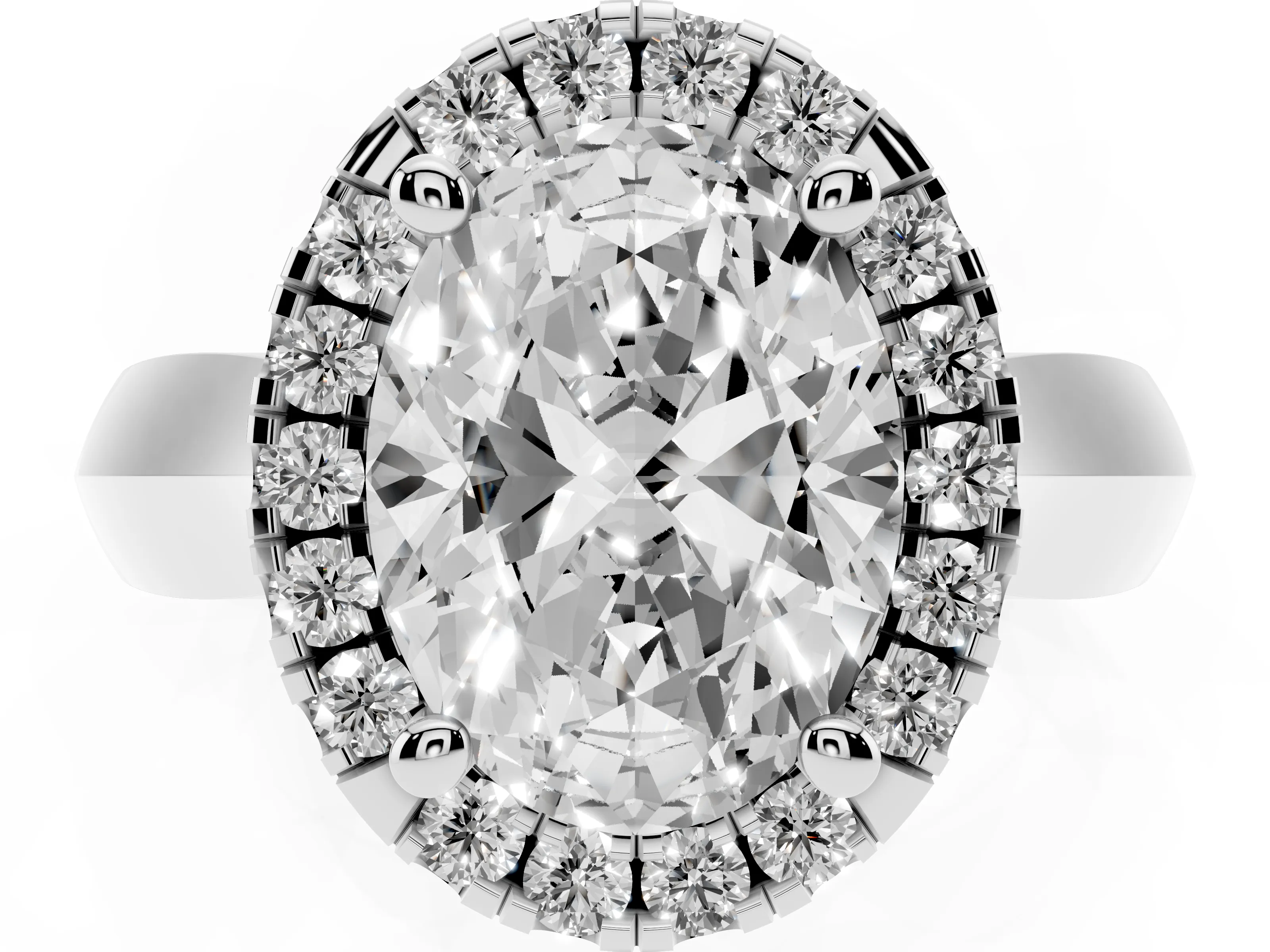 Oval Cut Diamond Halo Solitaire Engagement Ring Set in Silver with Square Band and Prong Setting