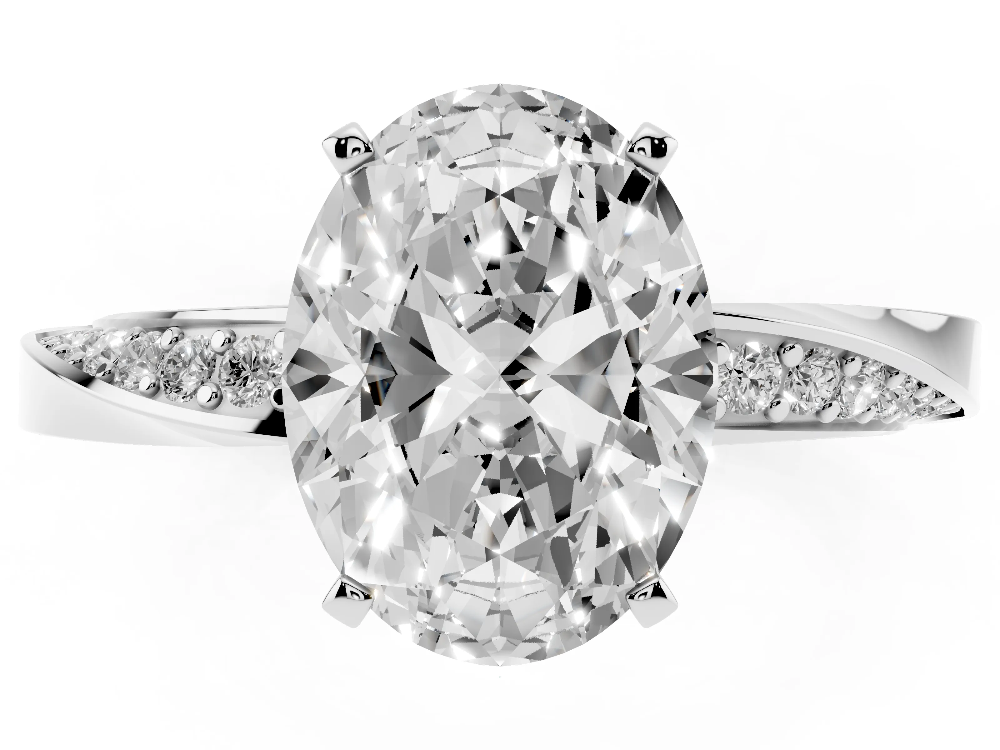 Oval Cut Diamond Engagement Ring Set in Platinum with Side Stone Accents and Prong Setting