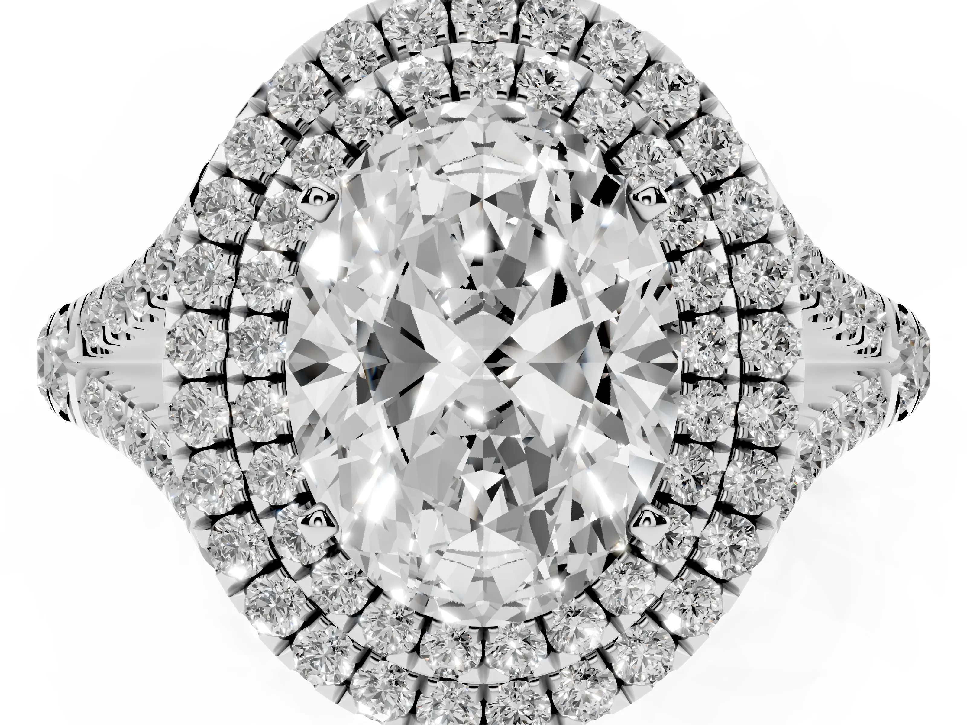 Oval Cut Diamond Pavé Split Shank Double Halo Engagement Ring Set in Silver
