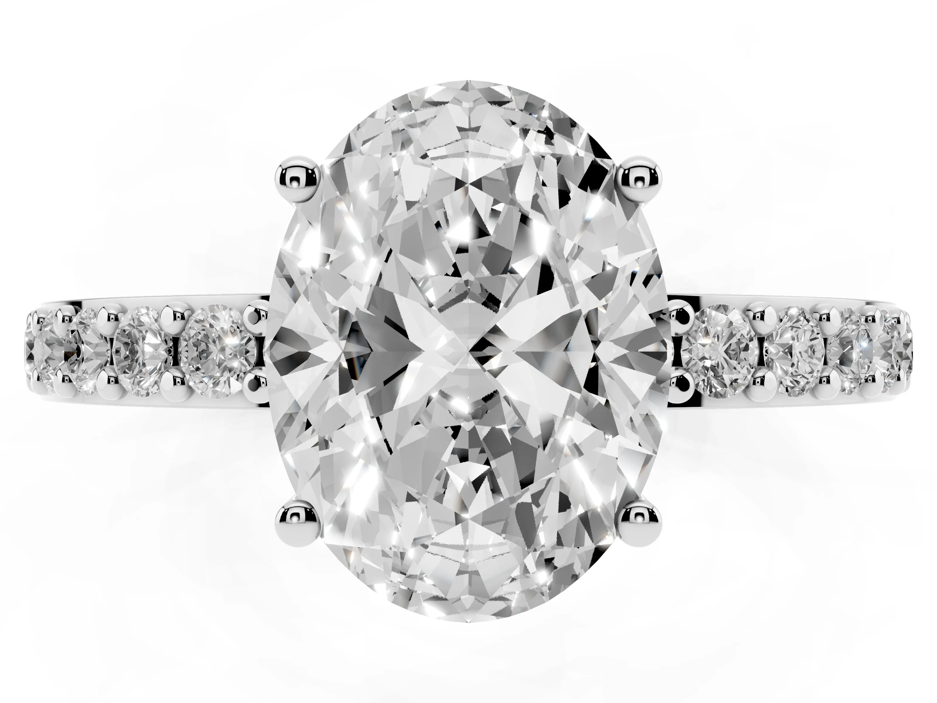 Oval Cut Diamond Solitaire Set in White gold with Round Pavé Band and Prong Setting