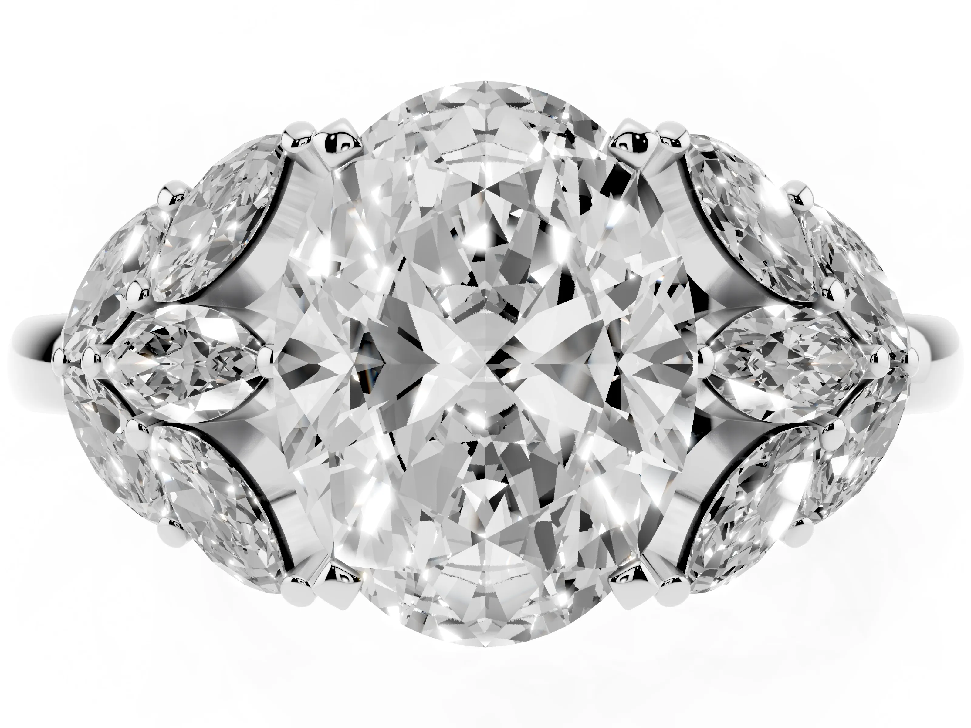 Oval Cut Diamond Cluster Leaf Design Ring Set in White gold with Prong Setting