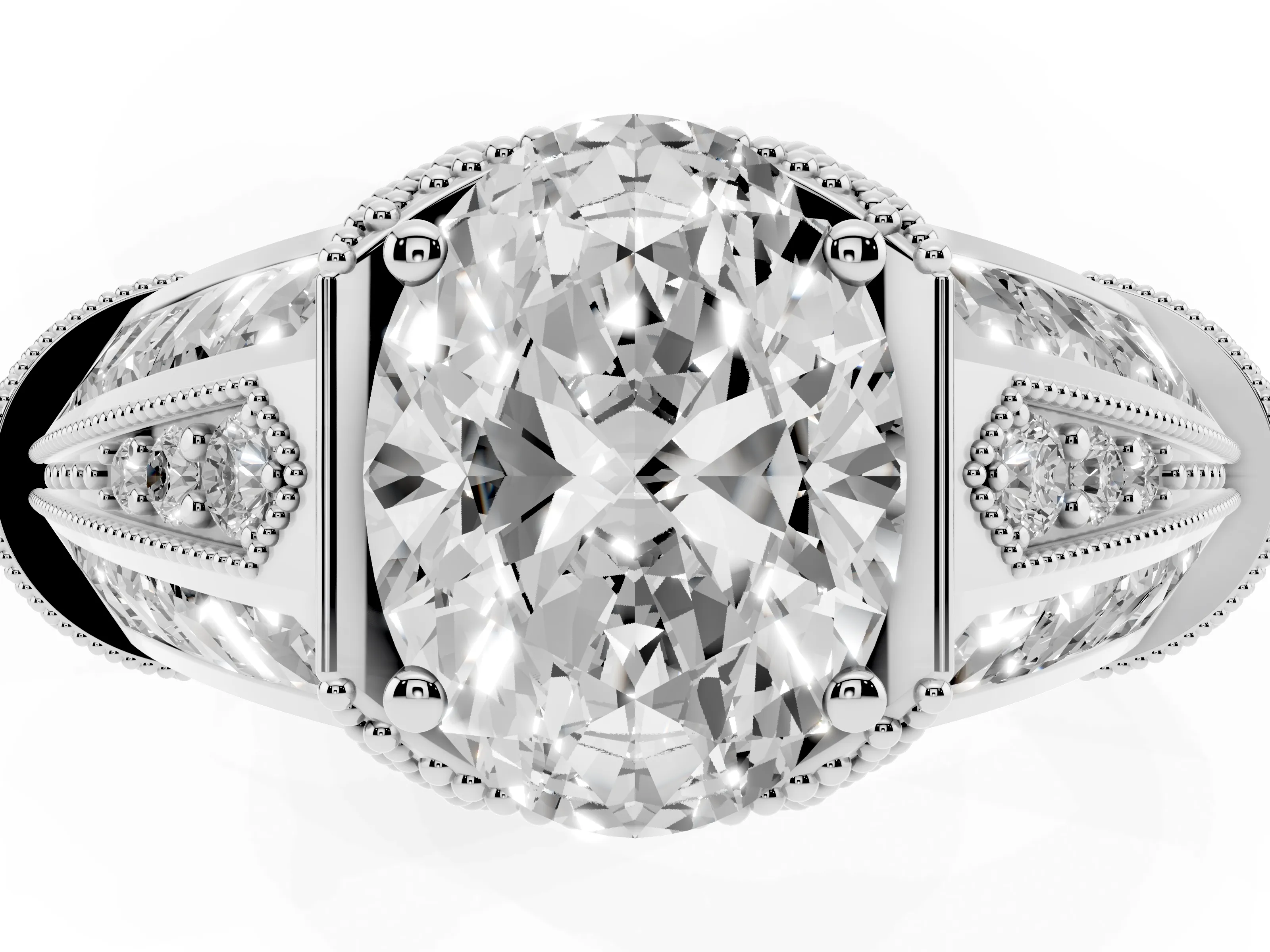 Oval Cut Diamond Vintage-Inspired Milgrain Ring Set in Silver with Accent Split Shank
