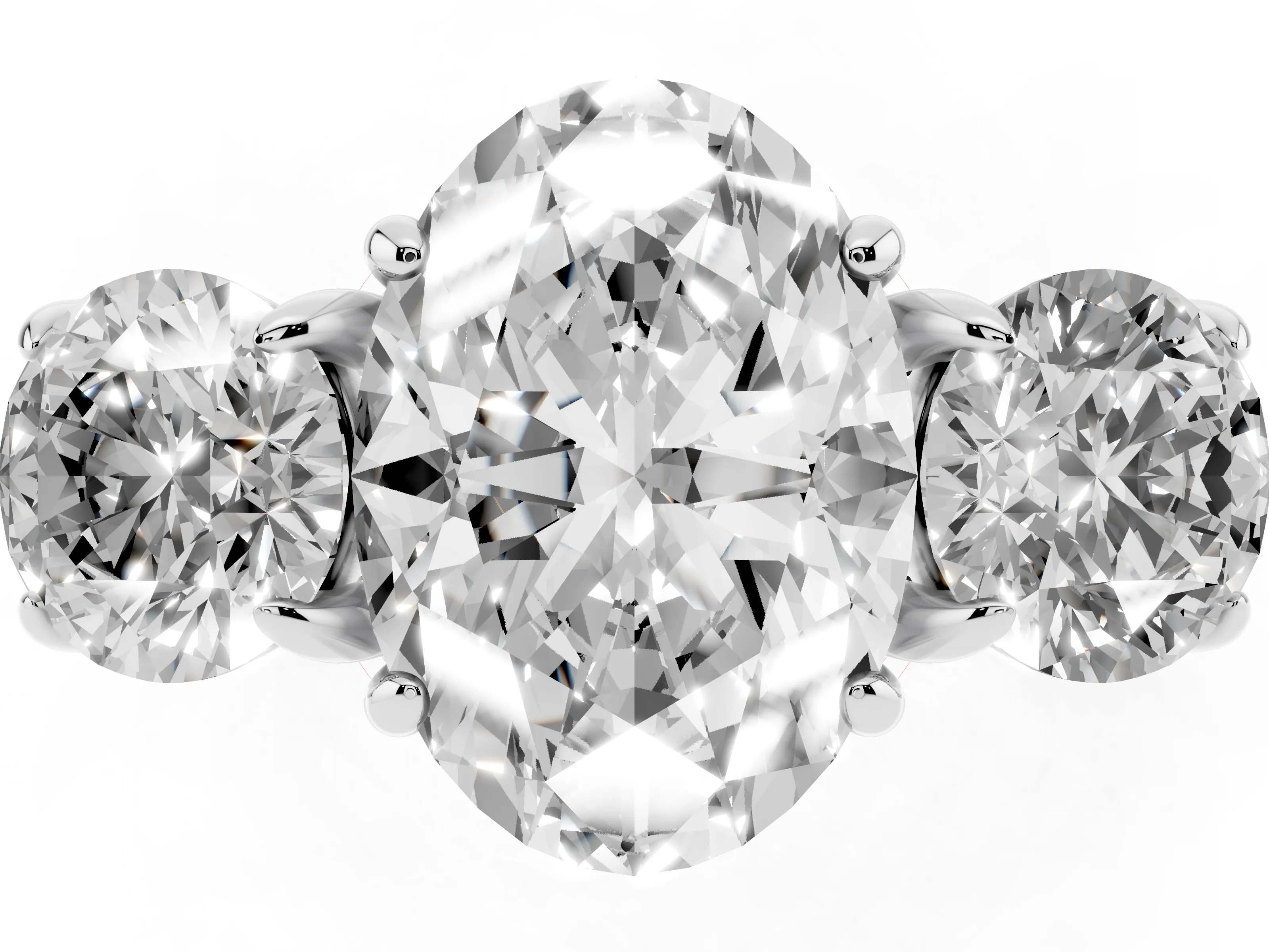 Oval Cut Diamond Three-Stone Ring Set in Silver with Round Accent Stones and Plain Band