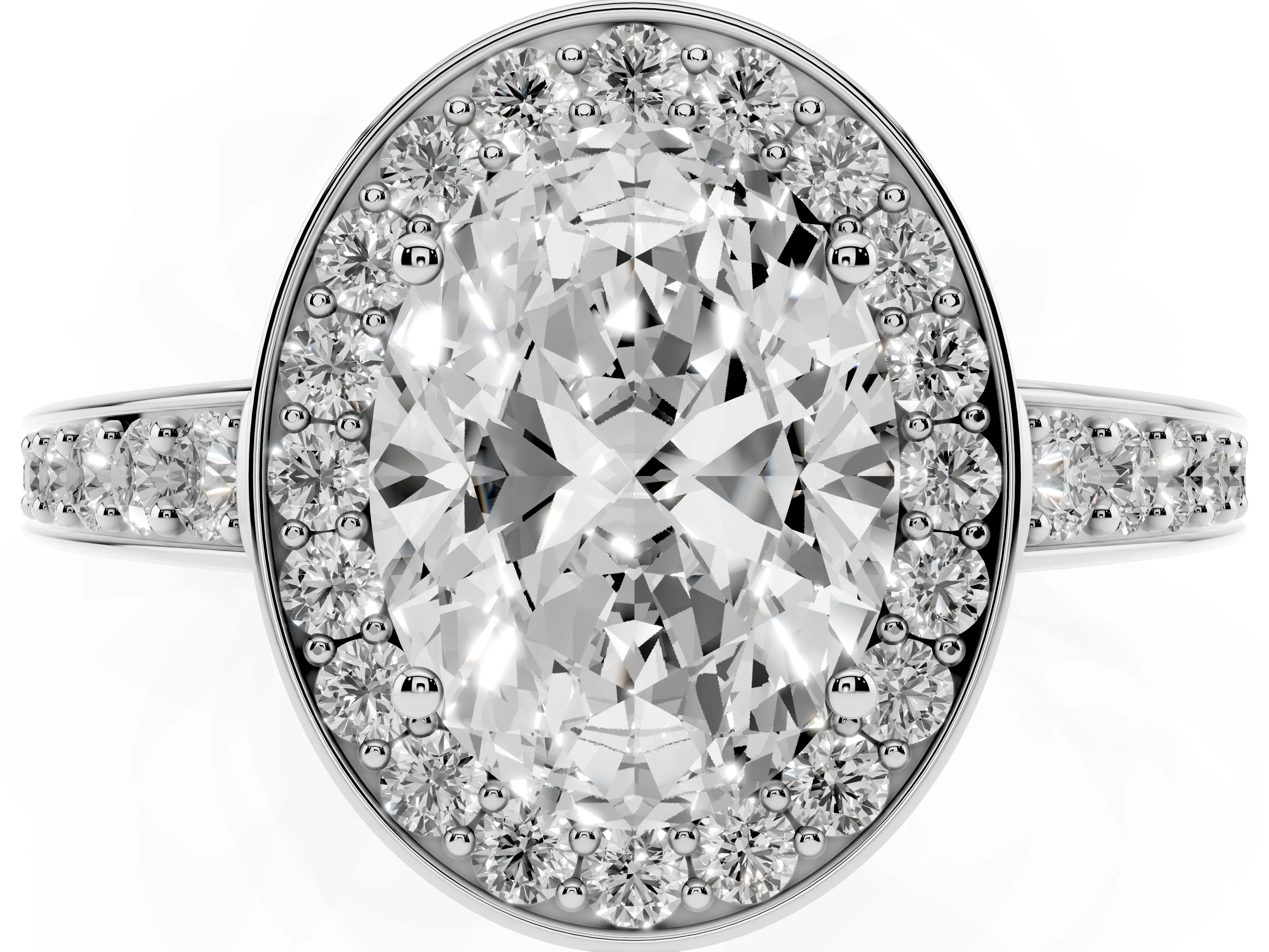 Oval Cut Diamond Halo Pavé Engagement Ring Set in White gold with Bezel Setting