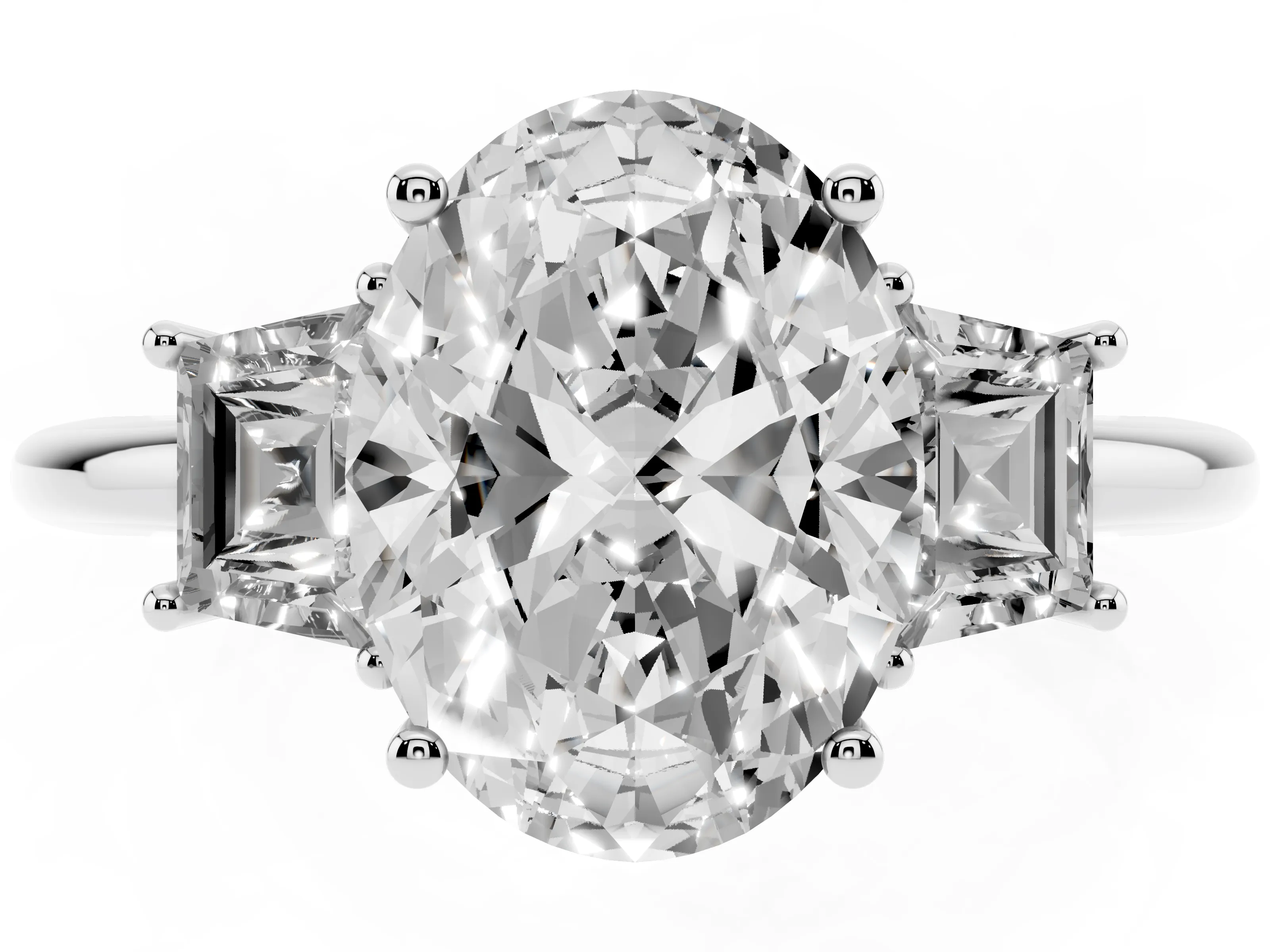 Oval Cut Diamond Three-Stone Ring Set in White gold with Trapezoid Side Stones and Prong Setting