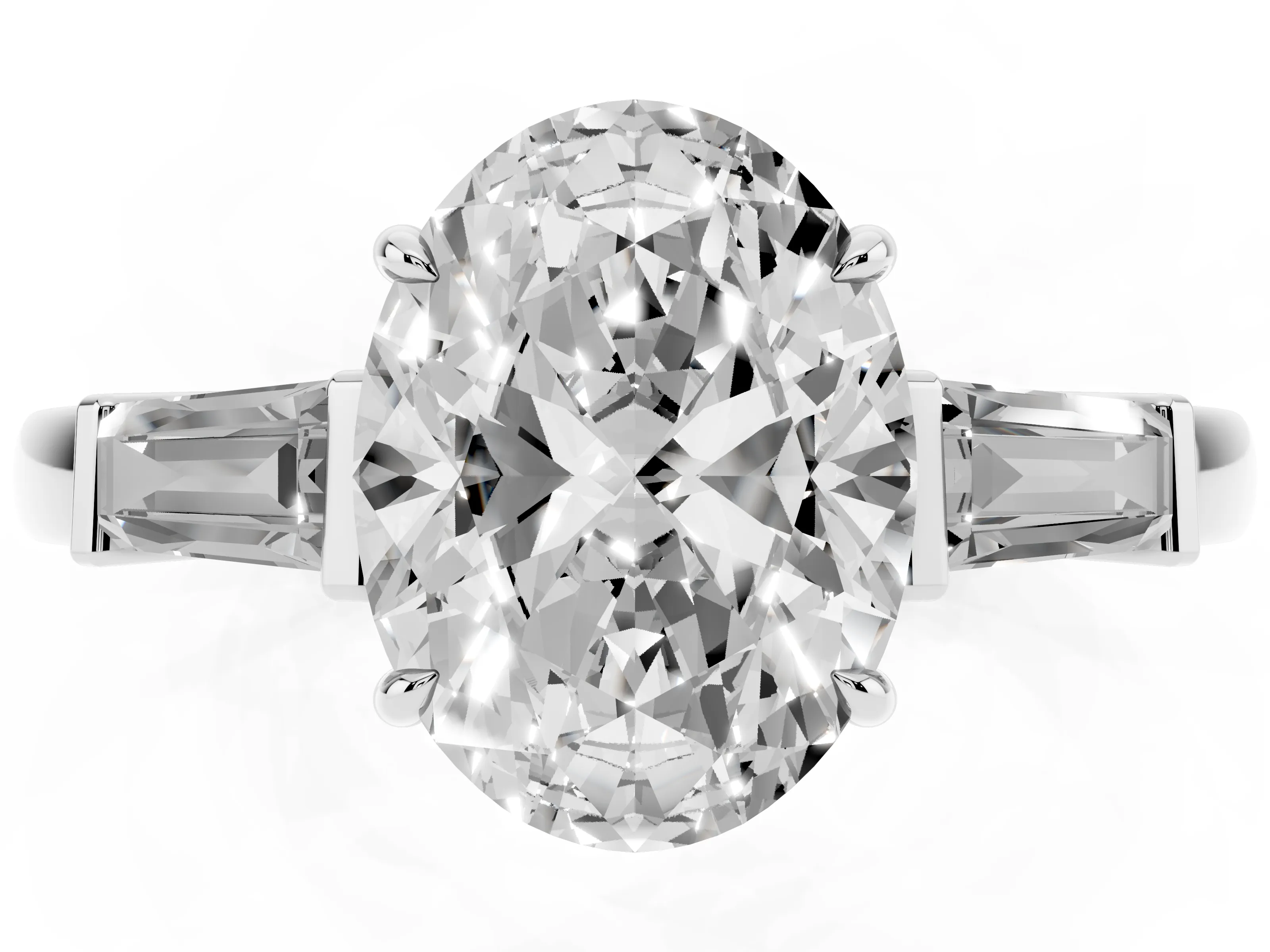 Oval Cut Diamond Three-Stone Ring Set in Platinum with Tapered Baguette Side Stones and Prong Setting