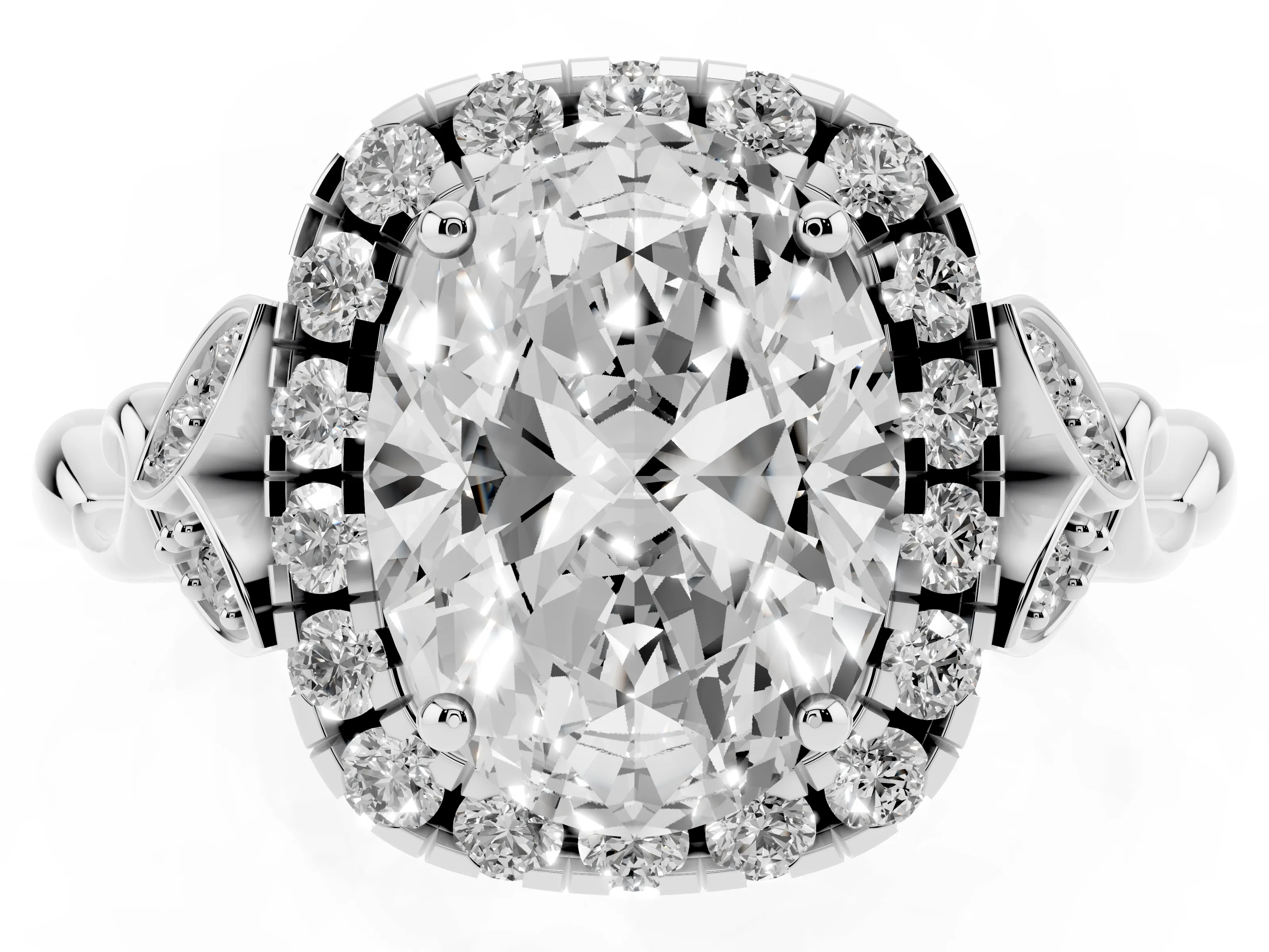 Oval Cut Diamond Halo Engagement Ring Set in Platinum with Vintage-Inspired Band and Prong Setting