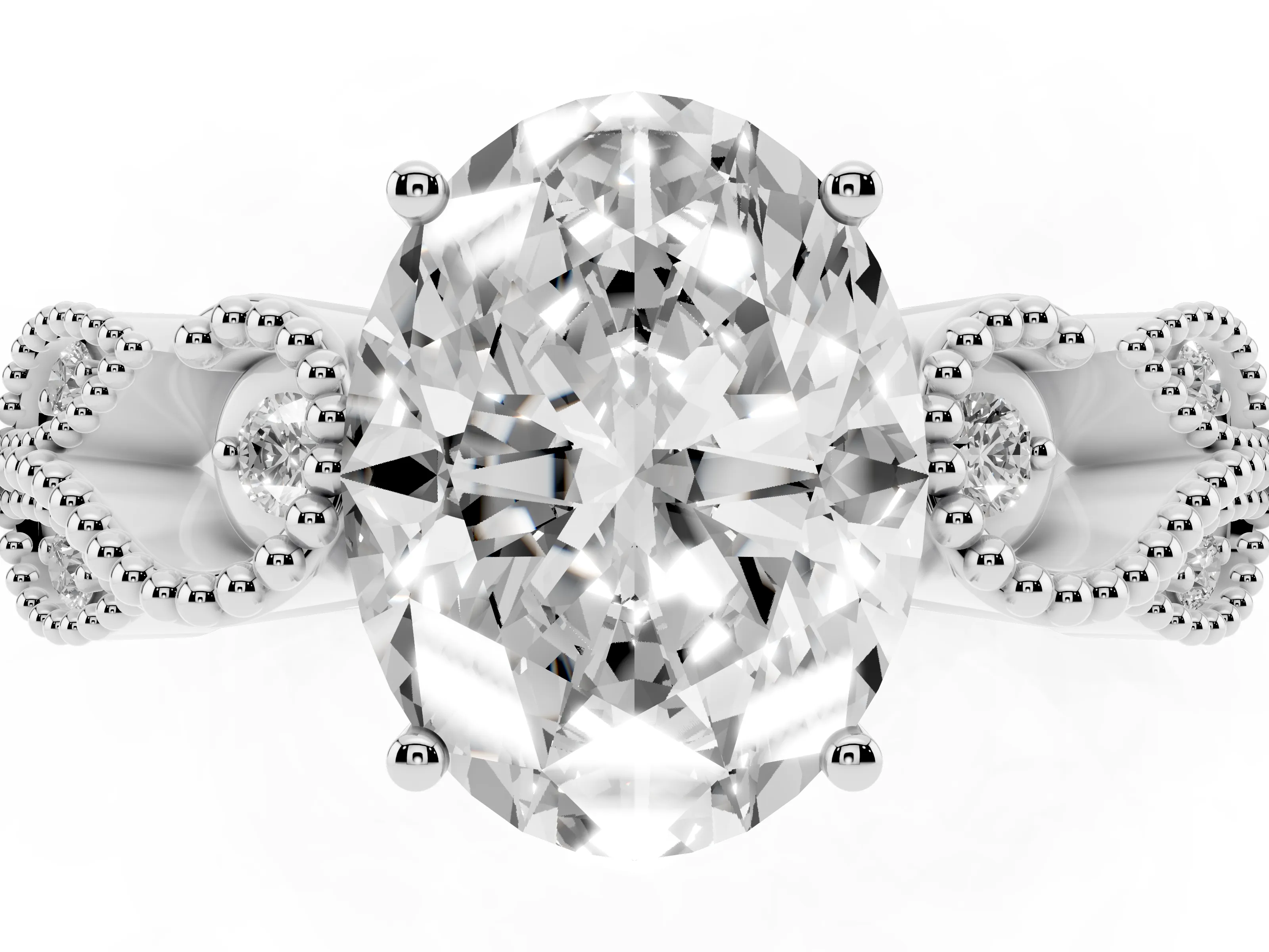 Oval Cut Diamond Milgrain Leaf Band Solitaire Ring Set in Platinum with Accent Stones and Prong Setting