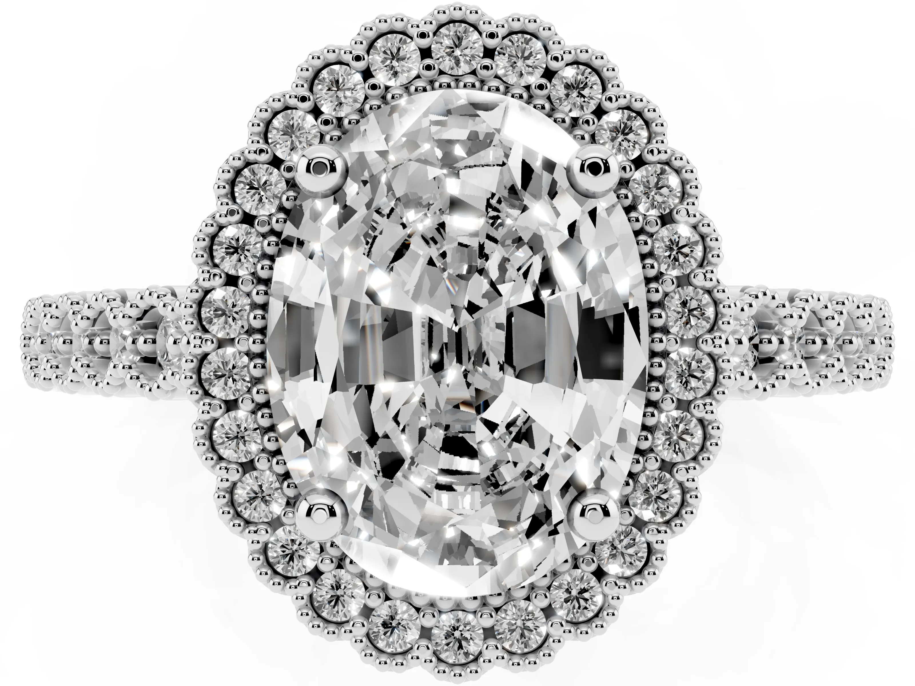 Oval Cut Diamond Halo Ring Set in Platinum with Pavé Milgrain Band
