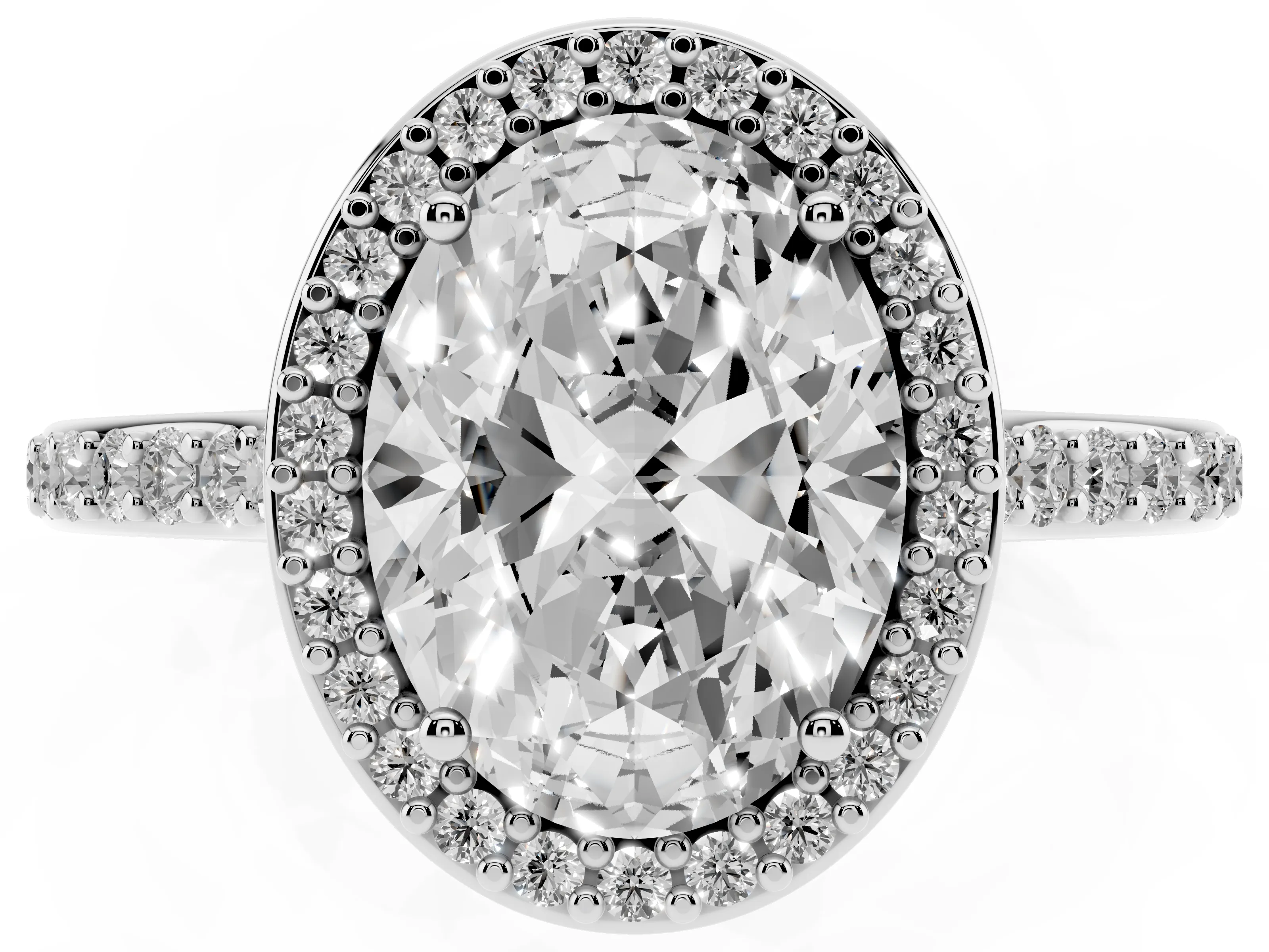 Oval Cut Diamond Halo Engagement Ring Set in Platinum with Round Pavé Shoulders and Heart Gallery