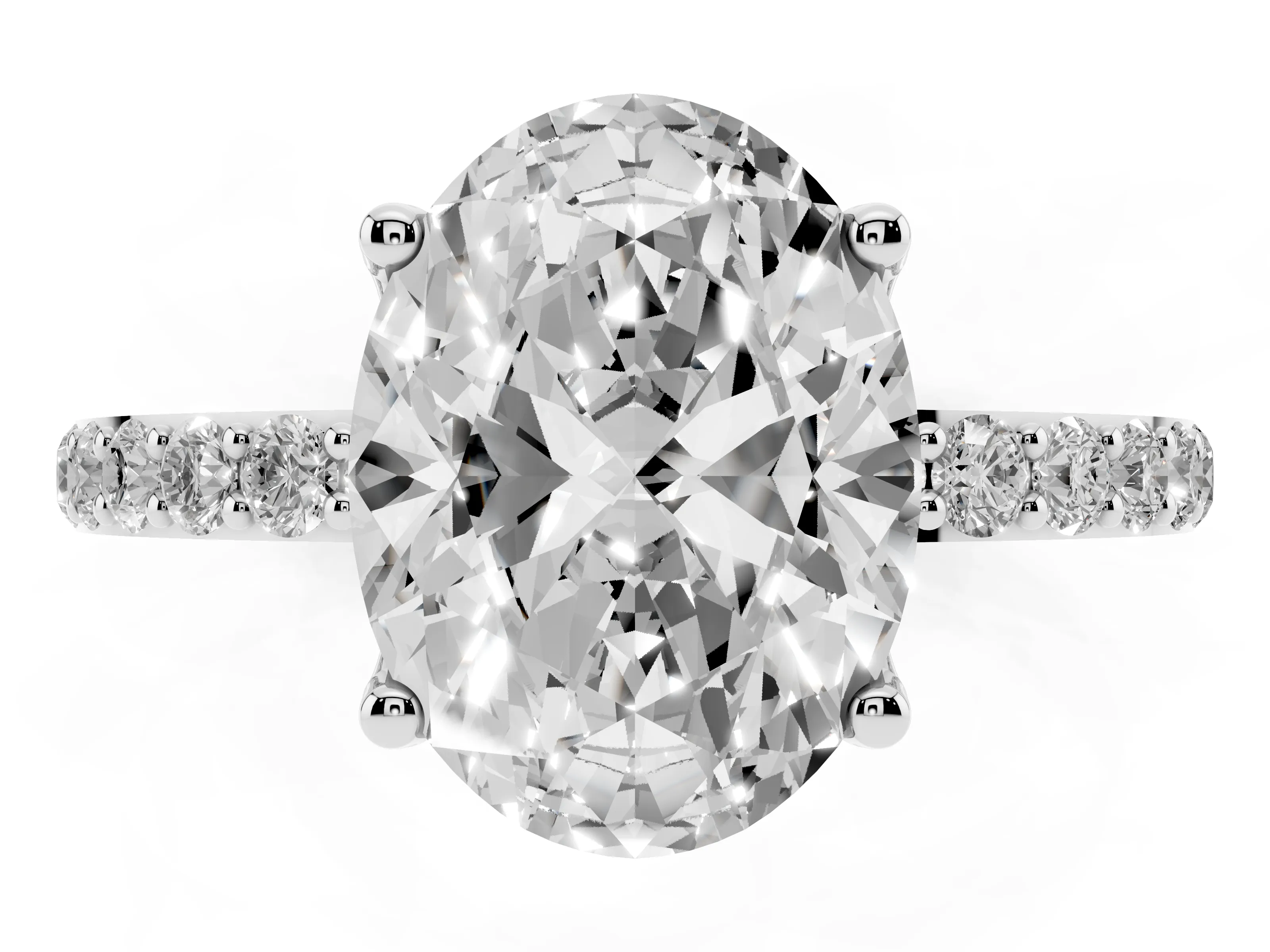 Oval Cut Diamond Solitaire Engagement Ring Set in White gold with Round Pavé Band and Prong Setting