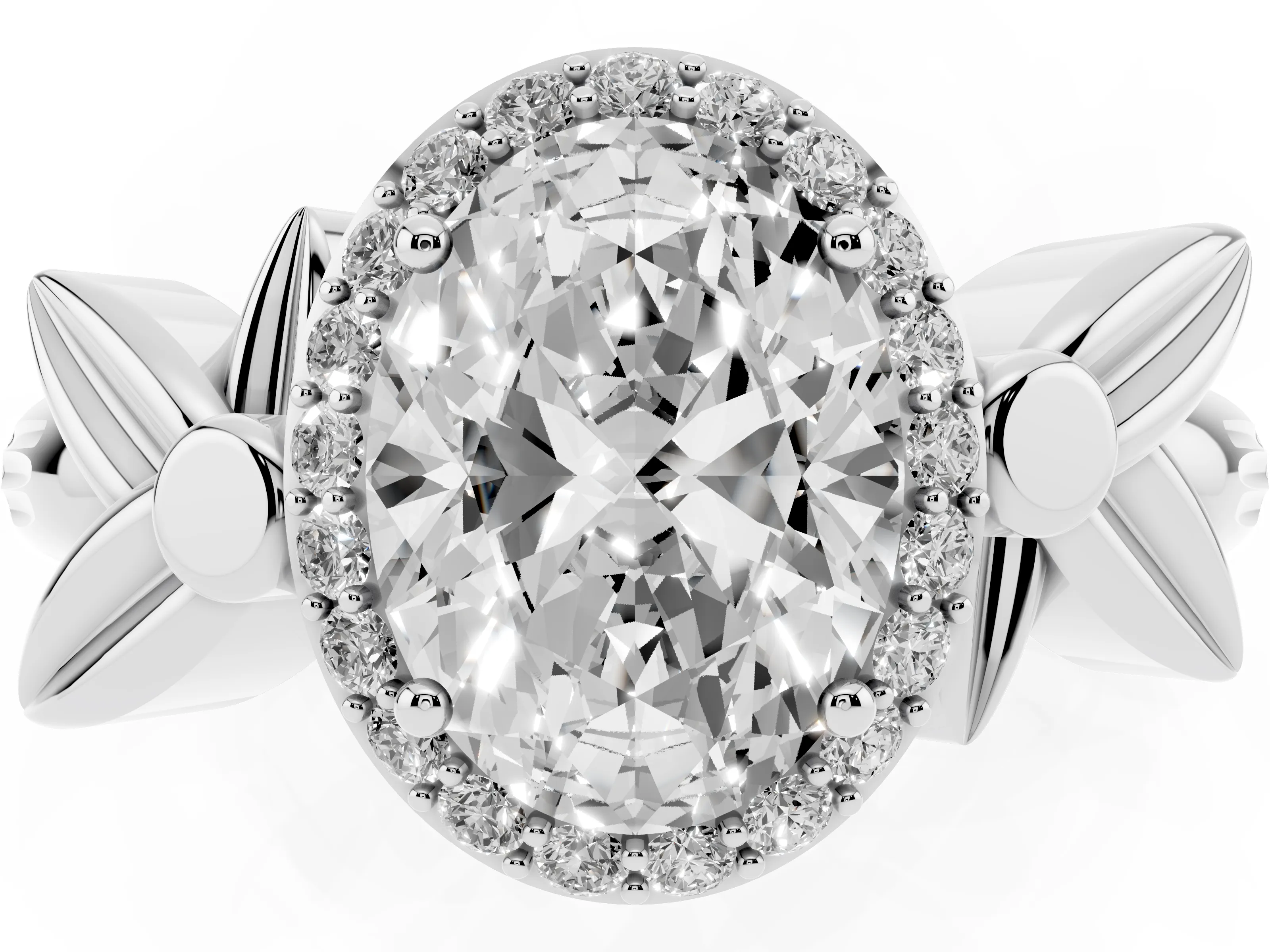Oval Cut Diamond Halo Floral Band Ring Set in Platinum with Prong Setting