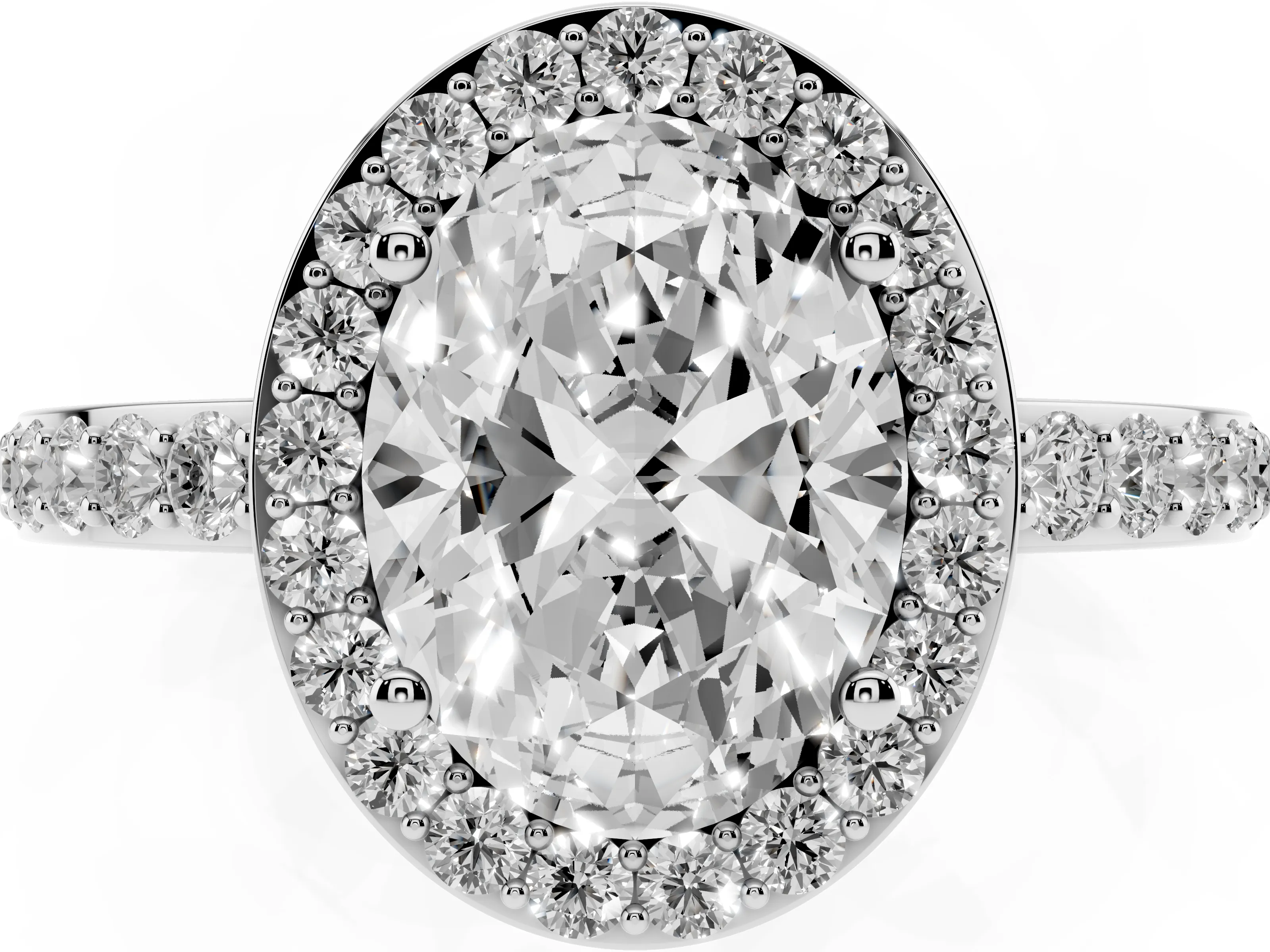 Oval Cut Diamond Halo Ring Set in White gold with Pavé-Setting Band and Open Prong Center