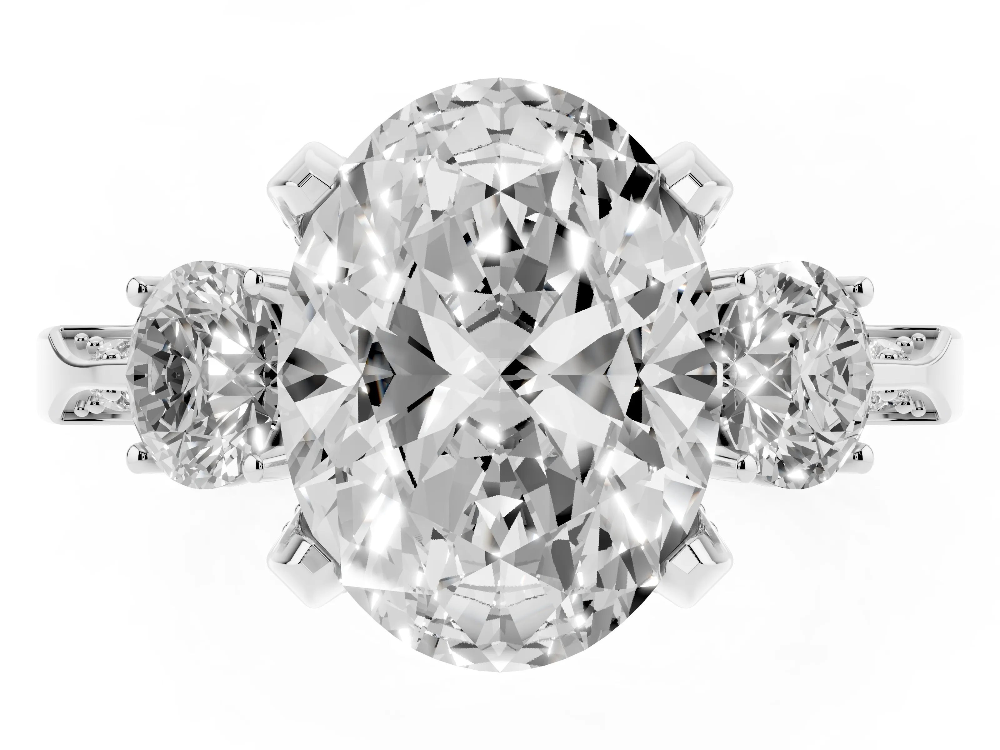 Oval Cut Diamond Three-Stone Ring Set in White gold with Pavé Band and Smaller Side Stones