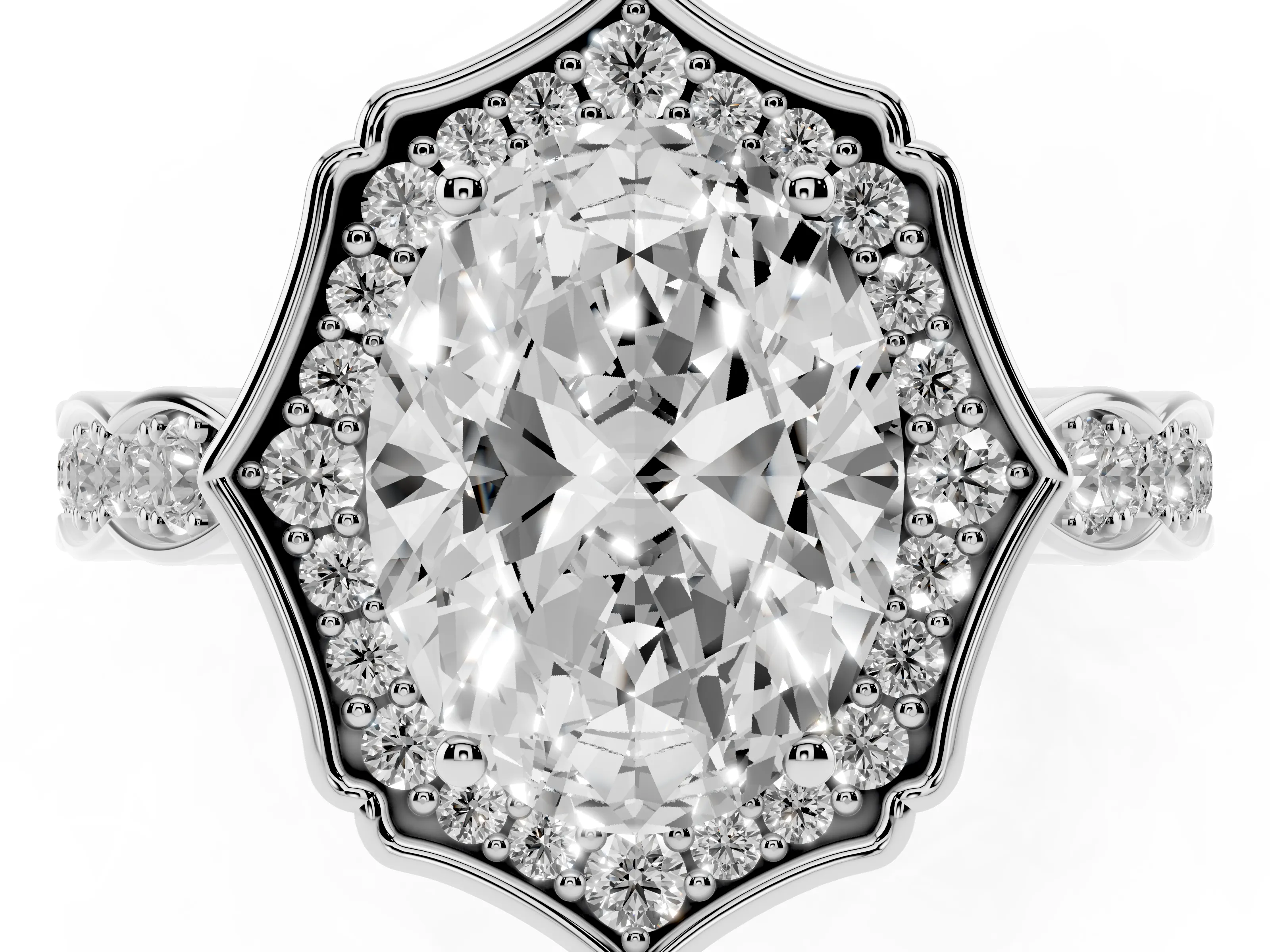 Oval Cut Diamond Halo Engagement Ring Set in White gold with Milgrain Band and Prong Setting