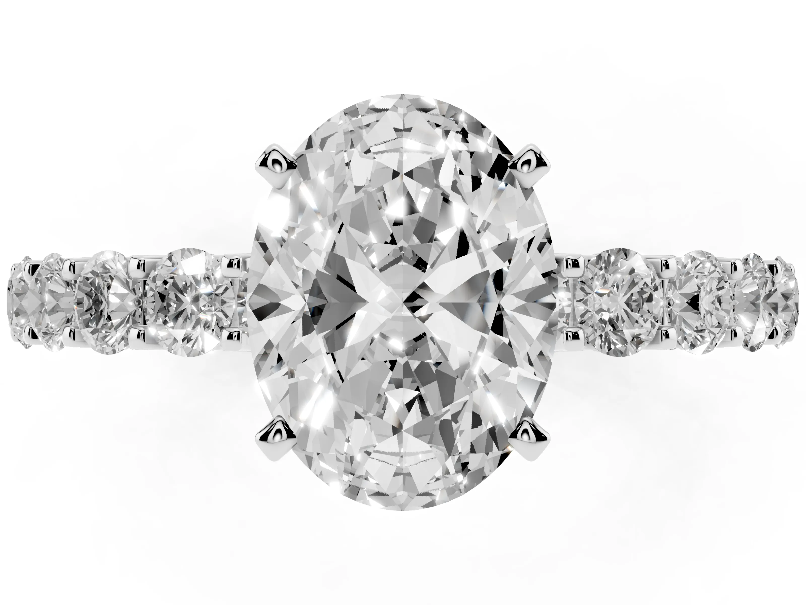 Oval Cut Diamond Solitaire Ring Set in Platinum with Shared Prong Pavé Band