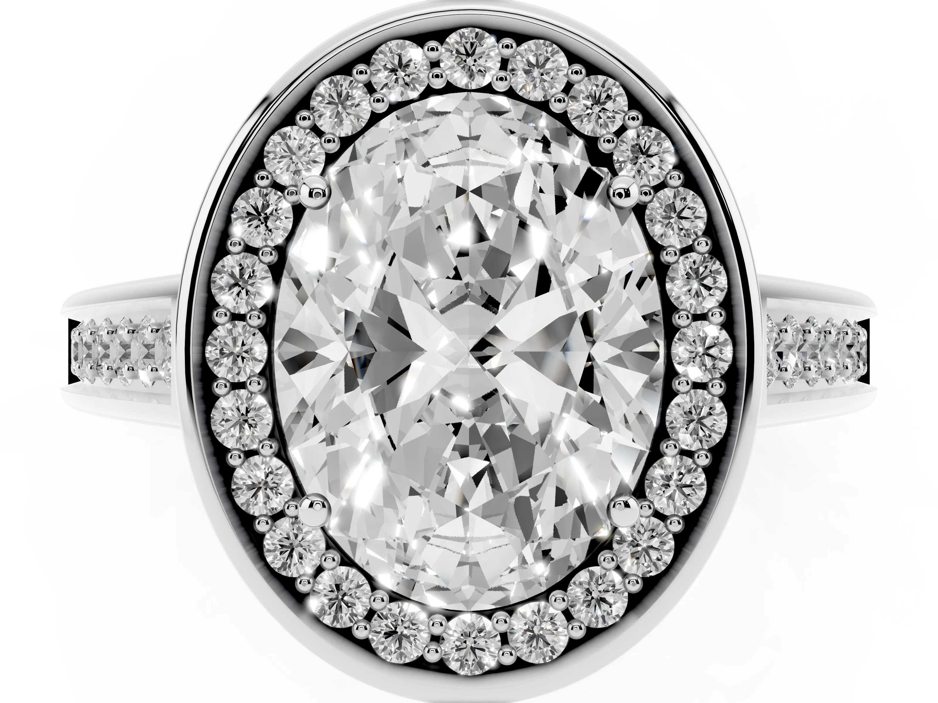 Oval Cut Diamond Halo Solitaire Ring Set in Platinum with Pavé Band and Bezel Setting