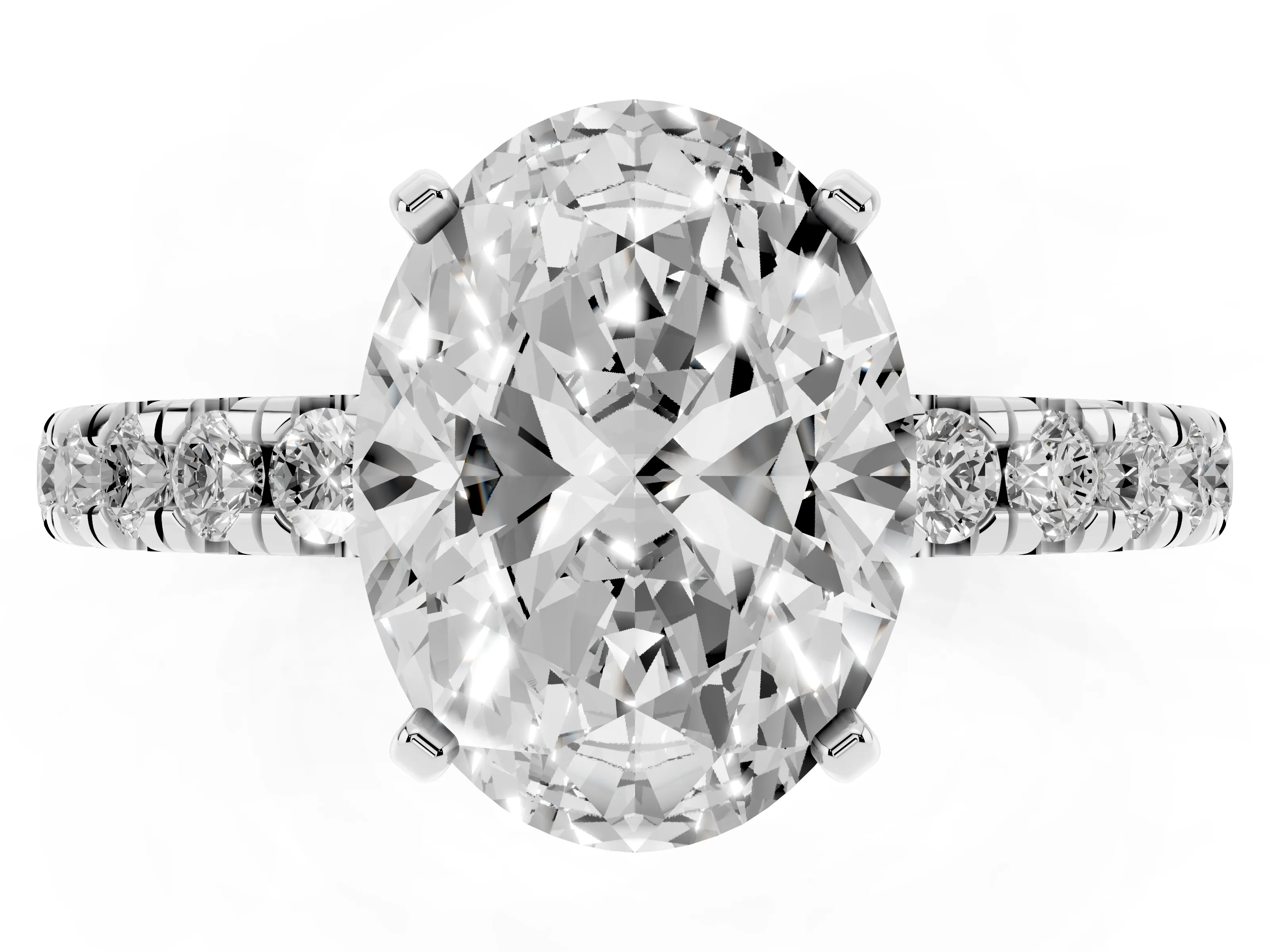 Oval Cut Diamond Pavé Solitaire Ring Set in Platinum with Round Band and Prong Setting