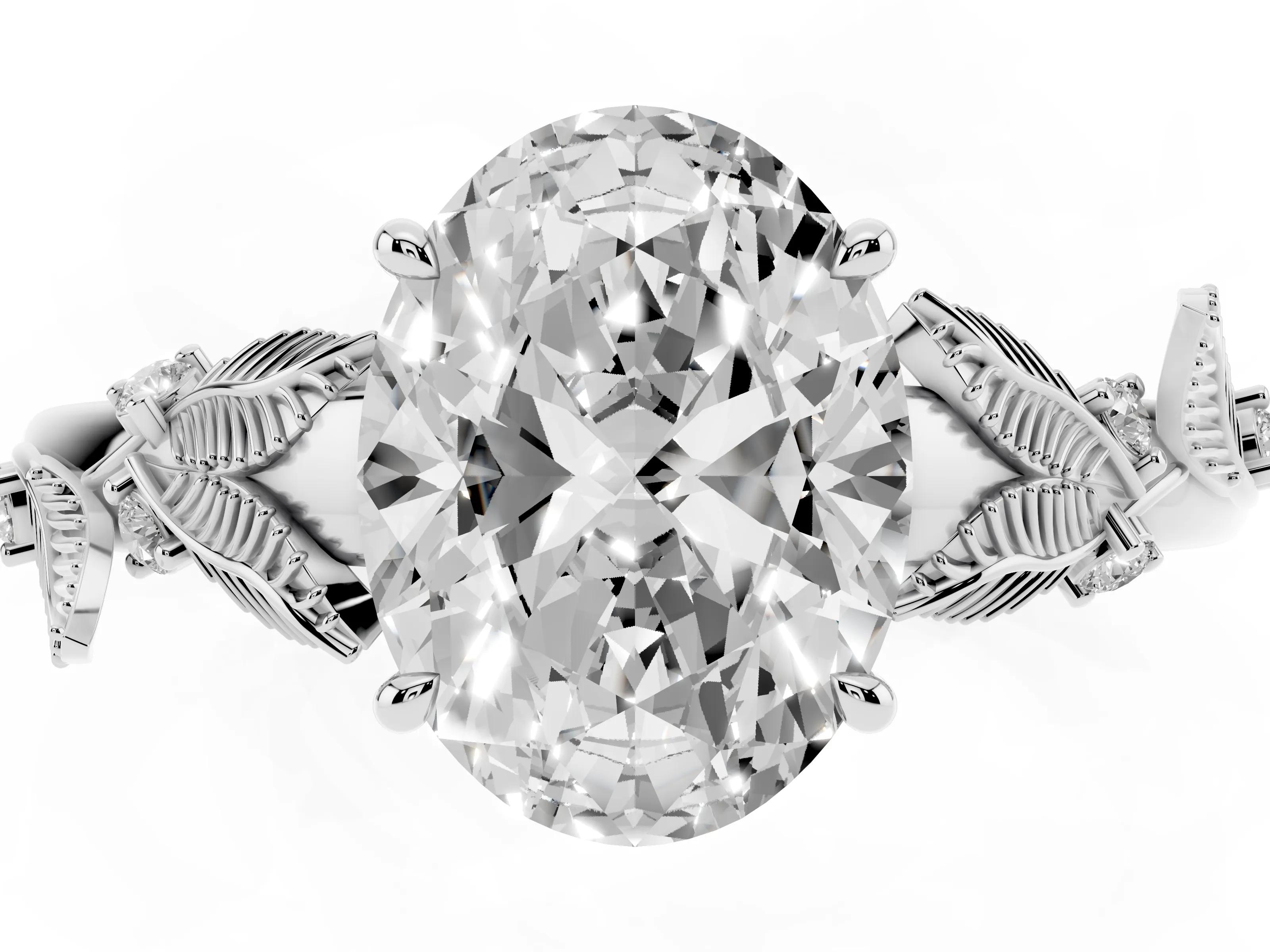 Oval Cut Diamond Solitaire Ring Set in White gold with Leaf Motif Band