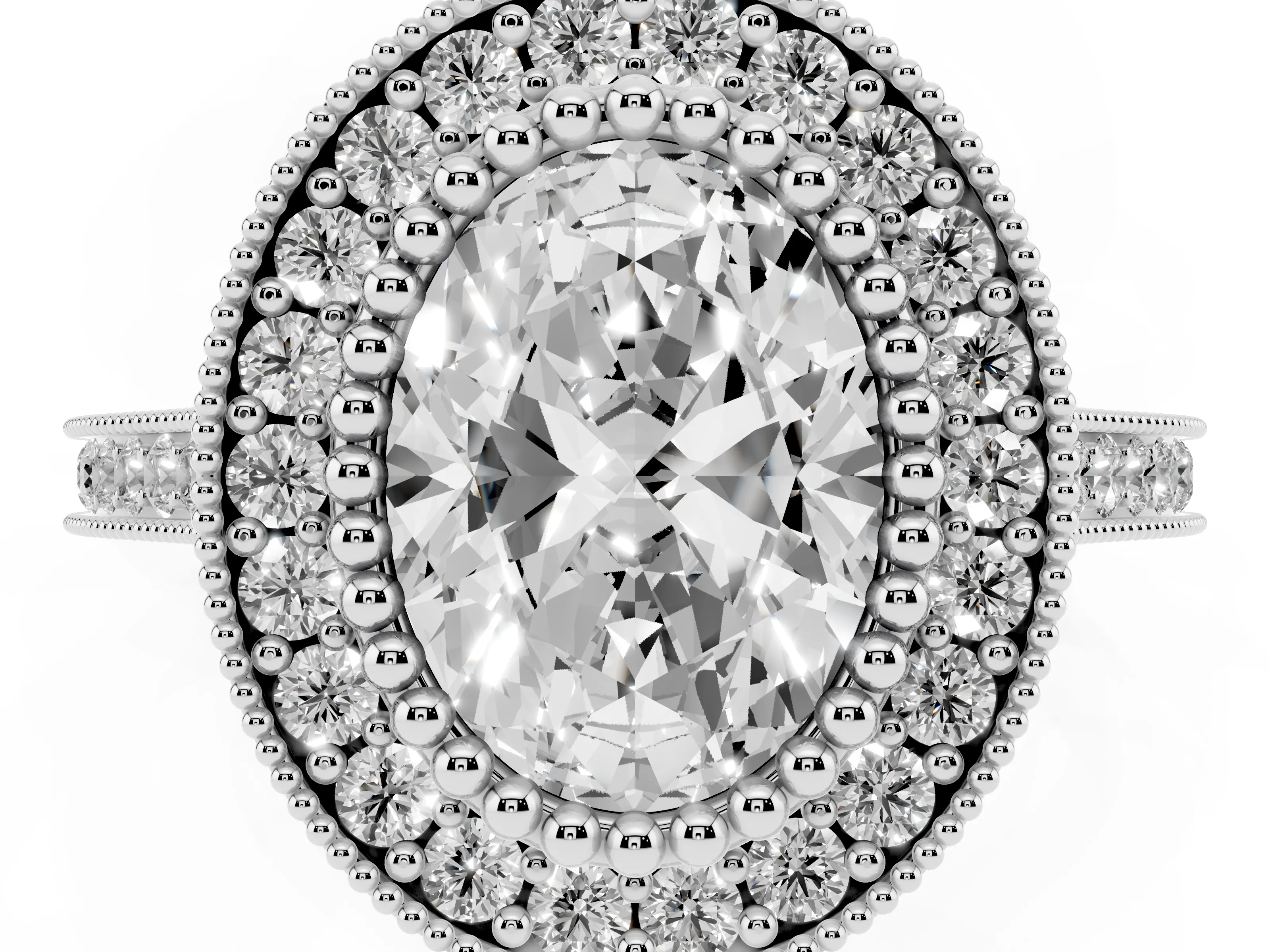 Oval Cut Diamond Halo Ring Set in Silver with Milgrain Frame and Pavé Band