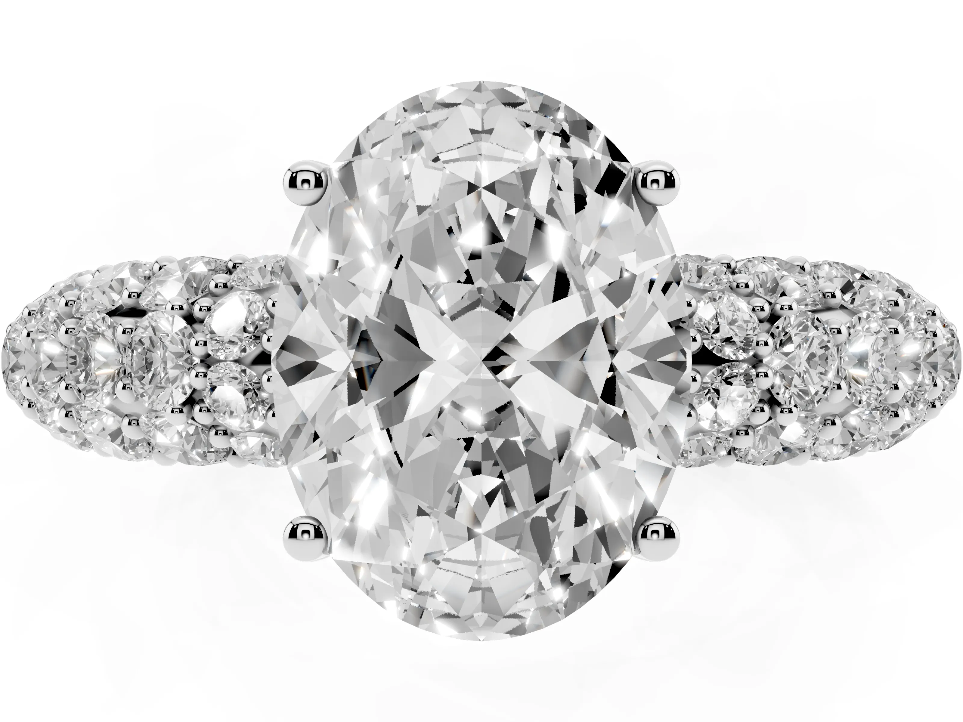 Oval Cut Diamond Pavé Band Solitaire Ring Set in White gold with Close-Set Accent Stones and Prong Setting