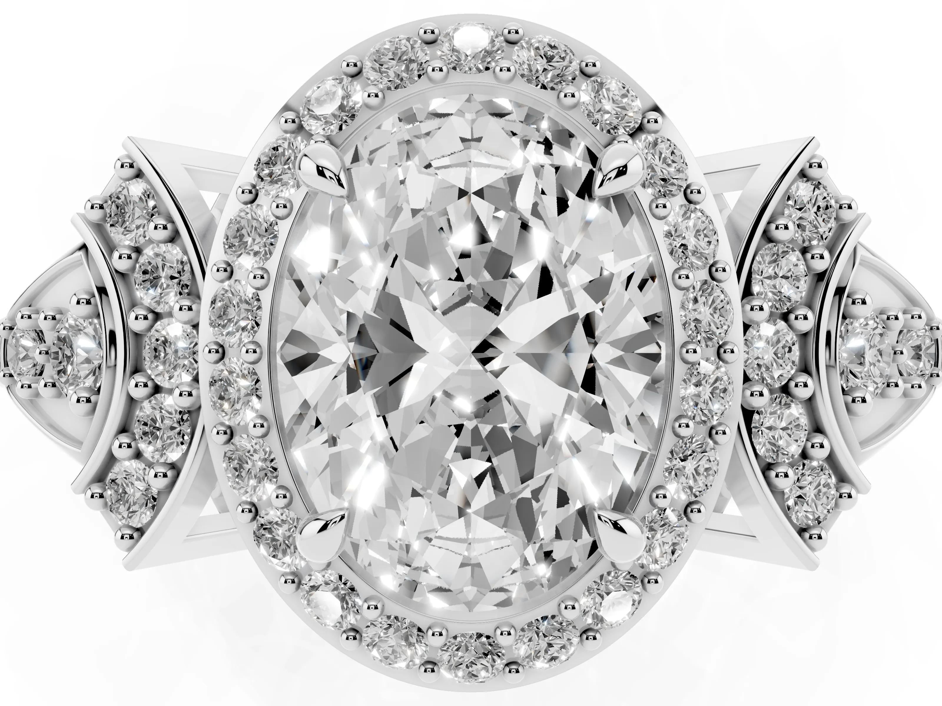 Oval Cut Diamond Halo Engagement Ring Set in Silver with Accent Stone Split Shank