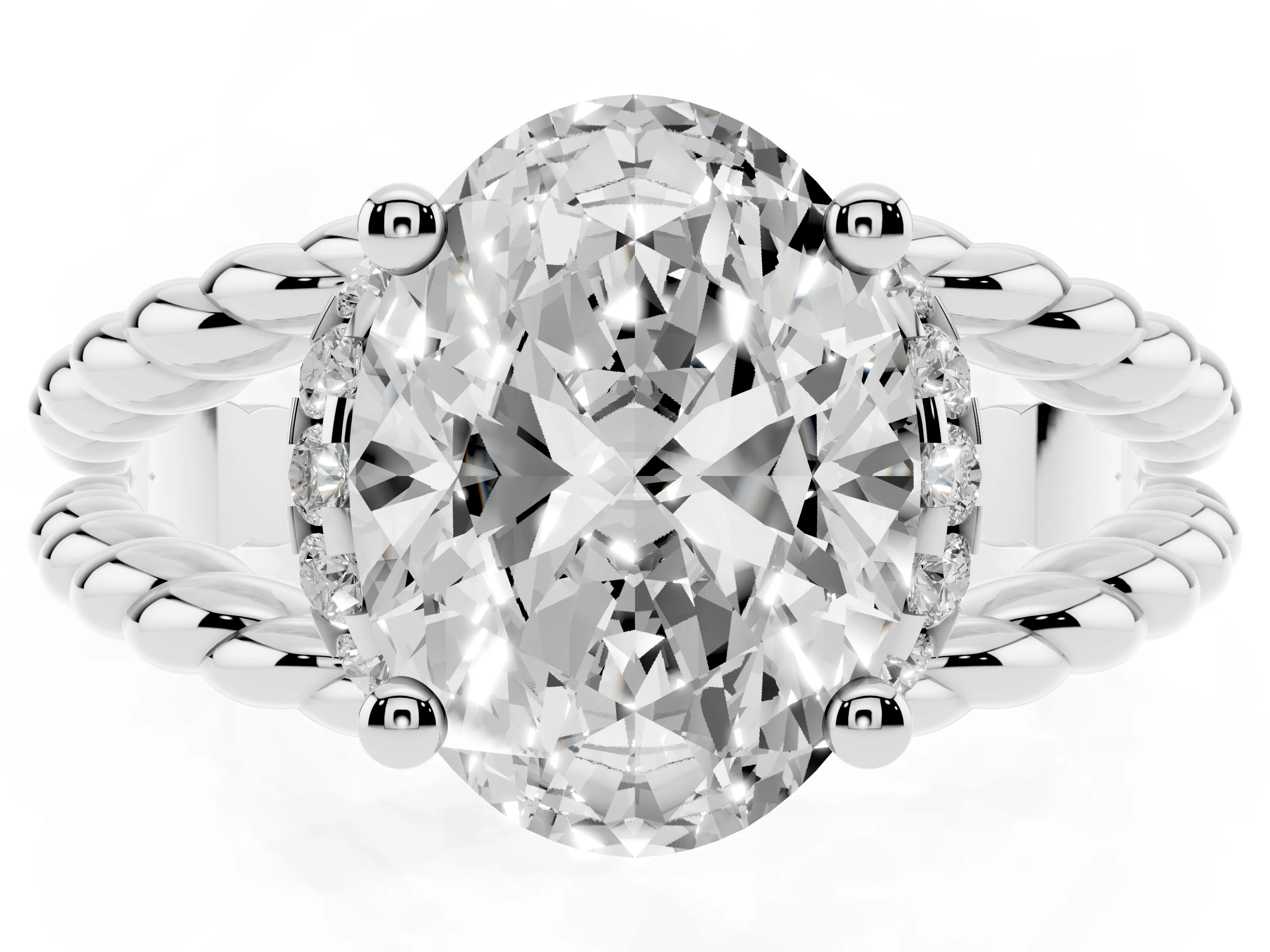 Oval Cut Diamond Halo Ring Set in White gold with Twisted Band and Prong Setting