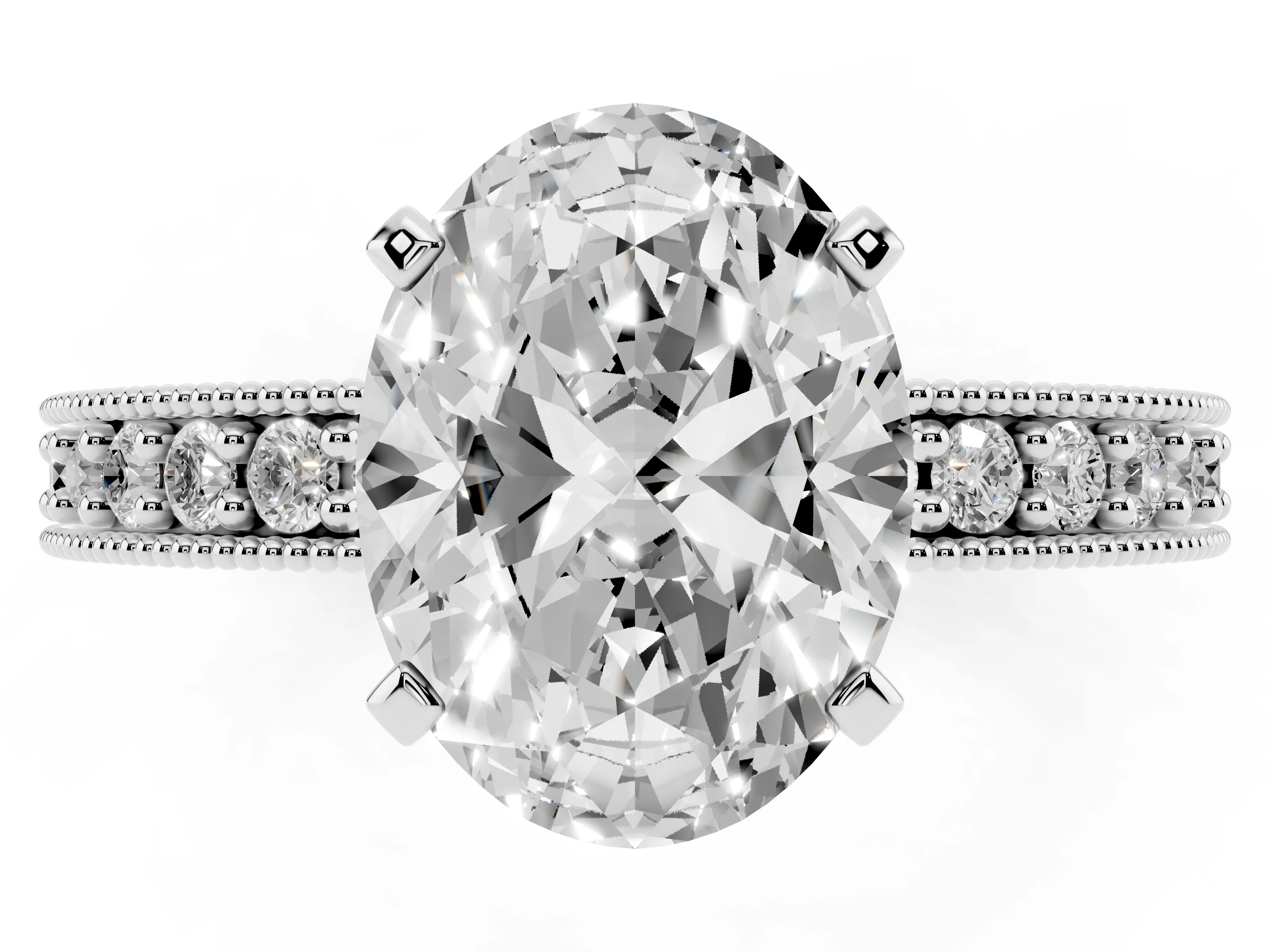 Oval Cut Diamond Milgrain Pavé Engagement Ring Set in Platinum with Prong Setting