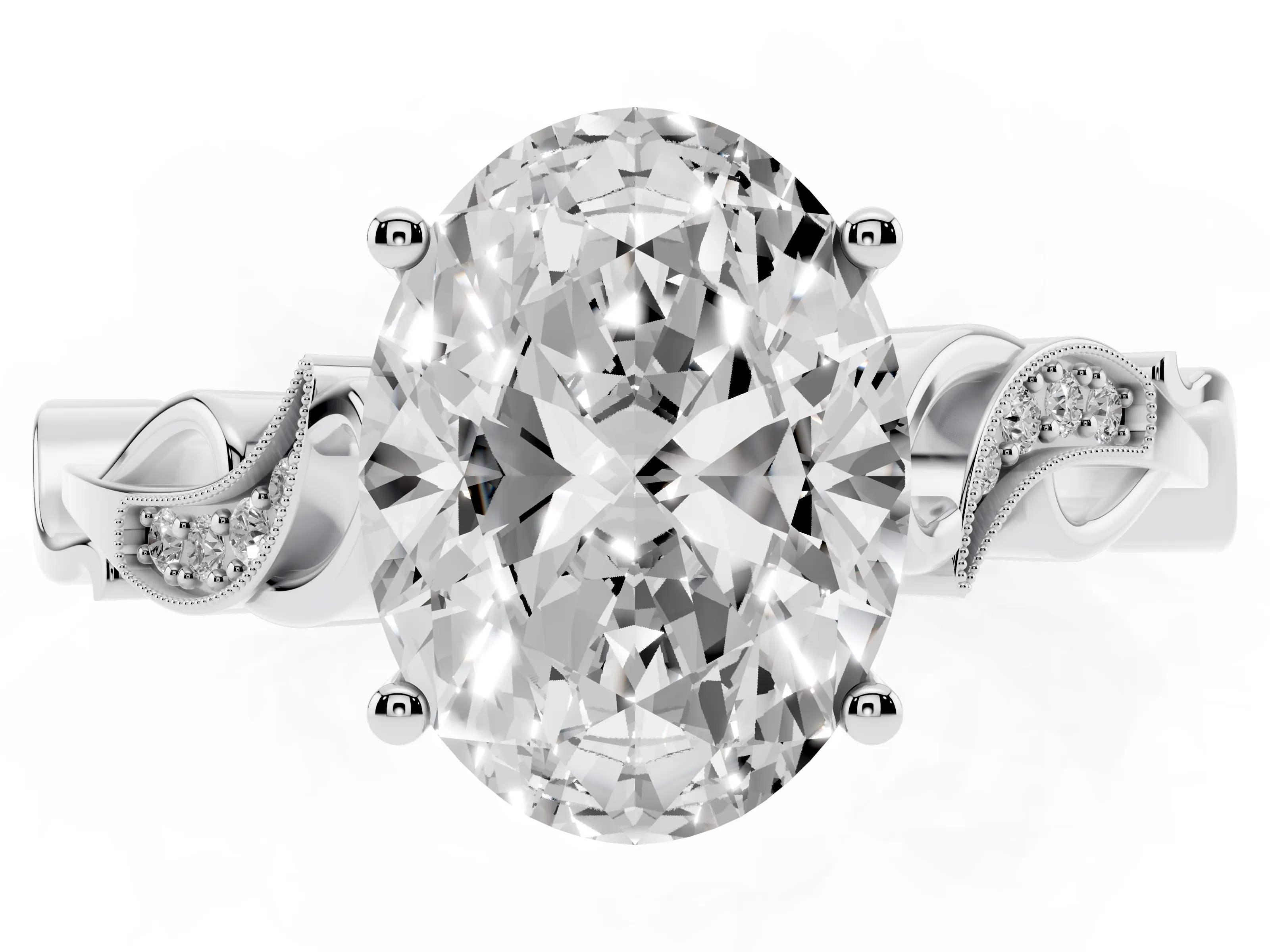 Oval Cut Diamond Vine Band Solitaire Ring Set in Platinum with Milgrain Prong Setting