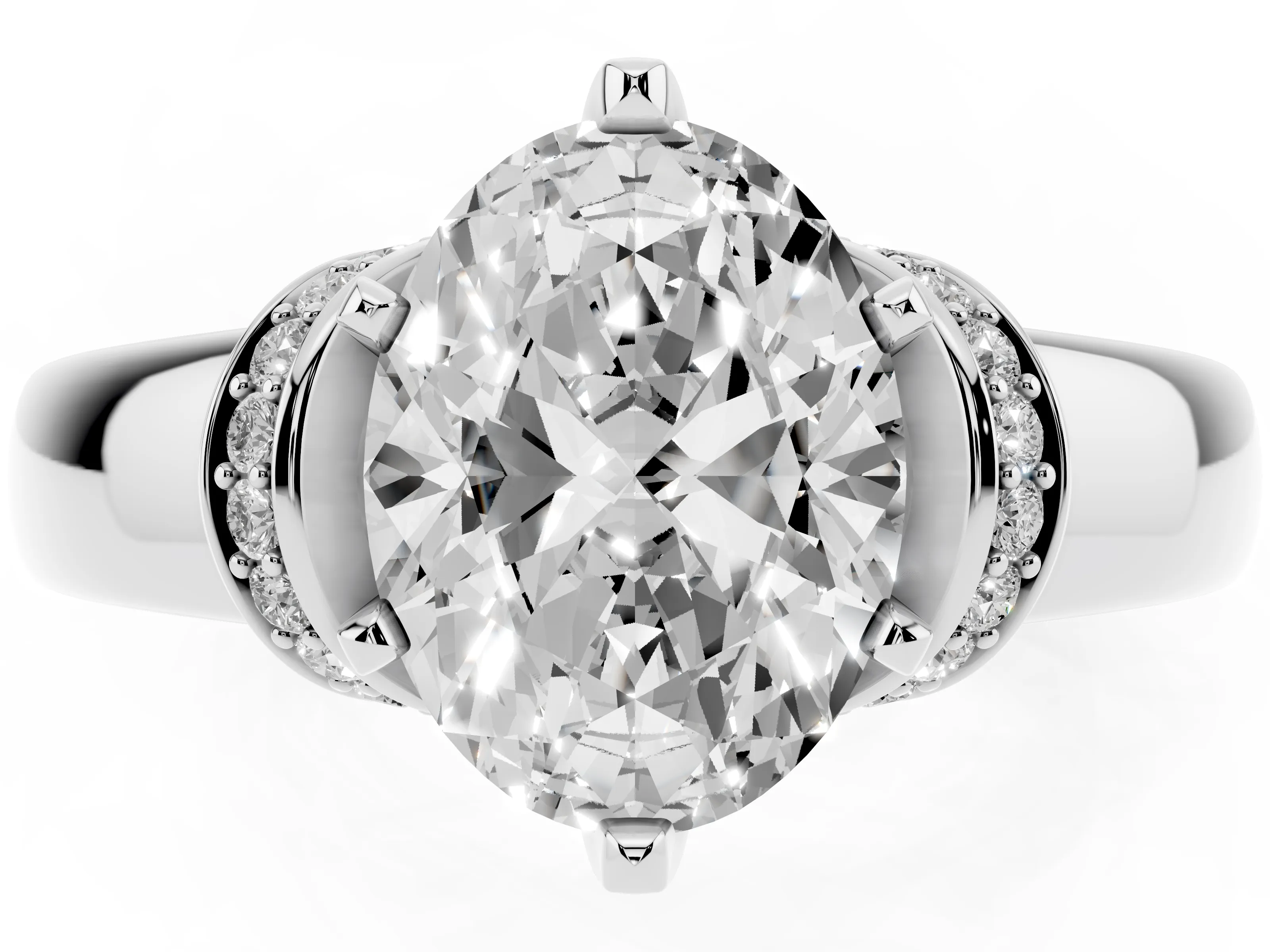 Oval Cut Diamond Pavé Band Solitaire Ring Set in Platinum with Prong Setting