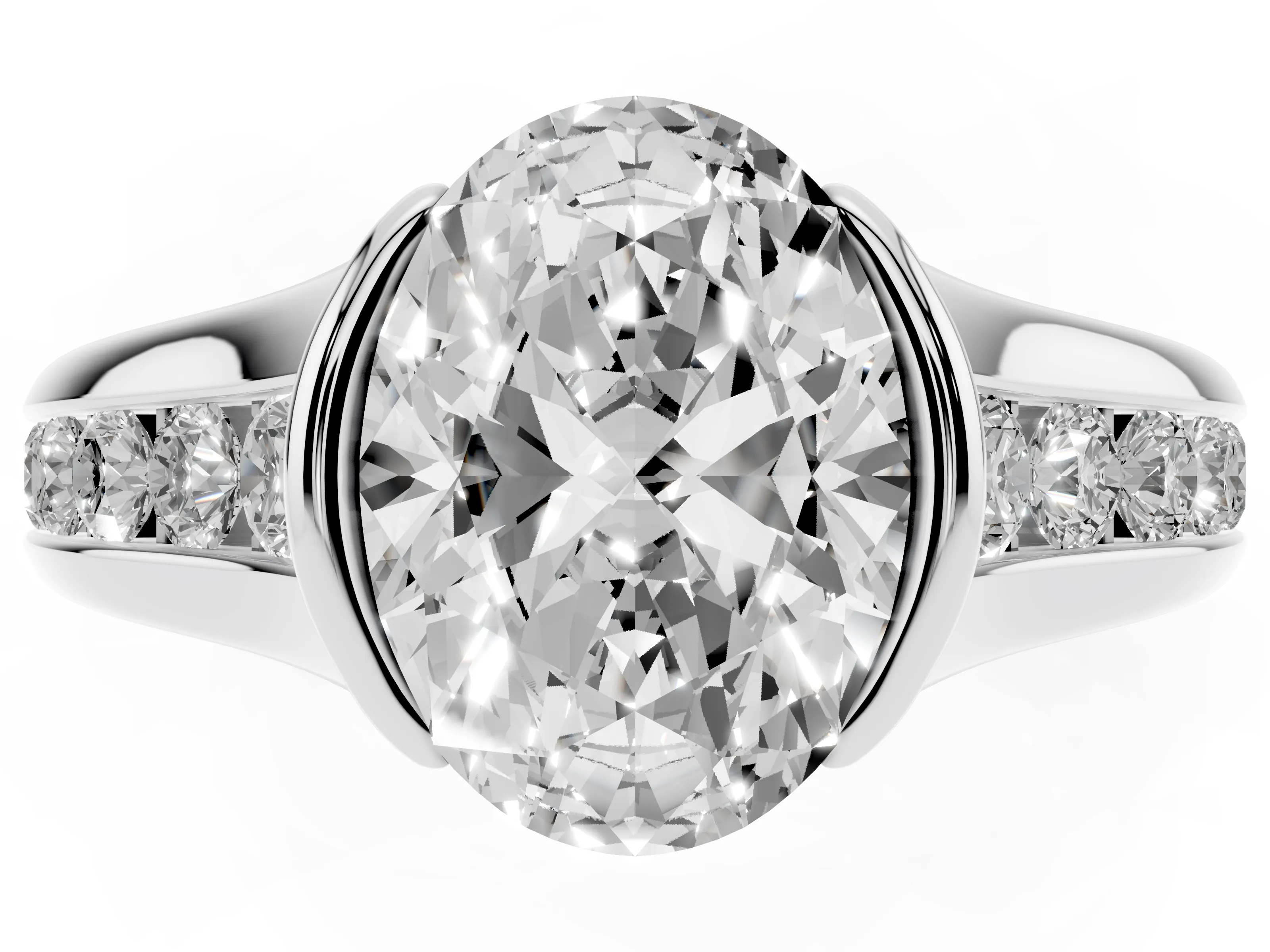 Oval Cut Diamond Bezel-Set Solitaire Ring Set in Platinum with Channel-Set Band