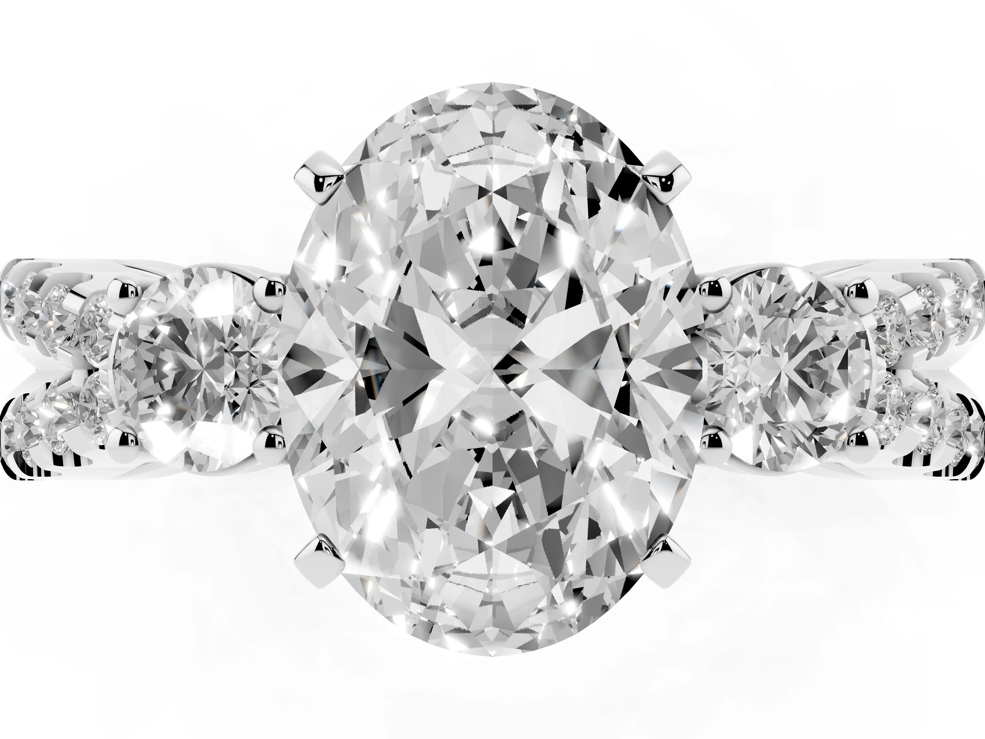 Oval Cut Diamond Three-Stone Ring Set in Platinum with Pavé Split Shank and Prong Setting