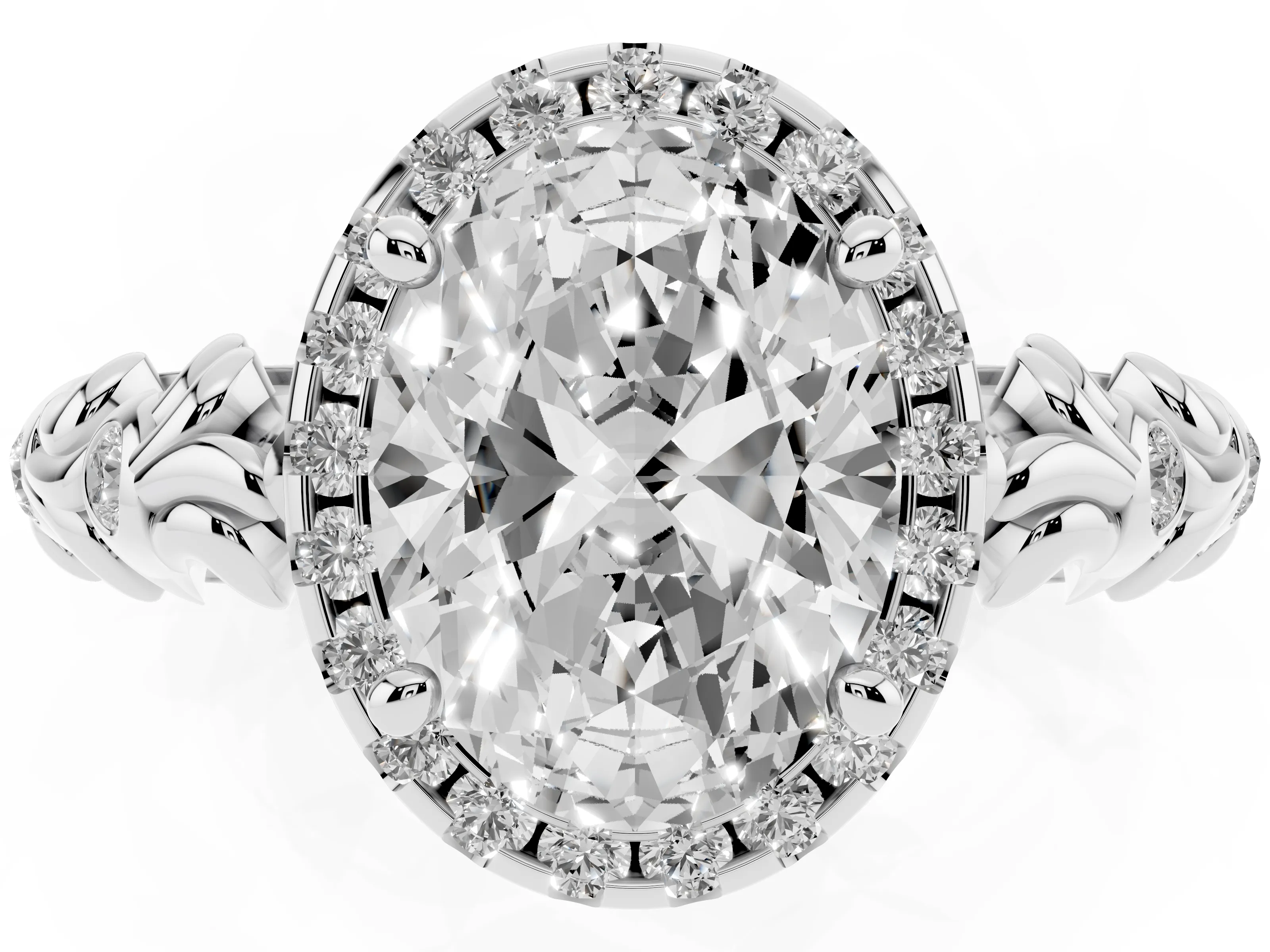 Oval Cut Diamond Halo Ring Set in White gold with Filigree Leaf Band and Prong Setting