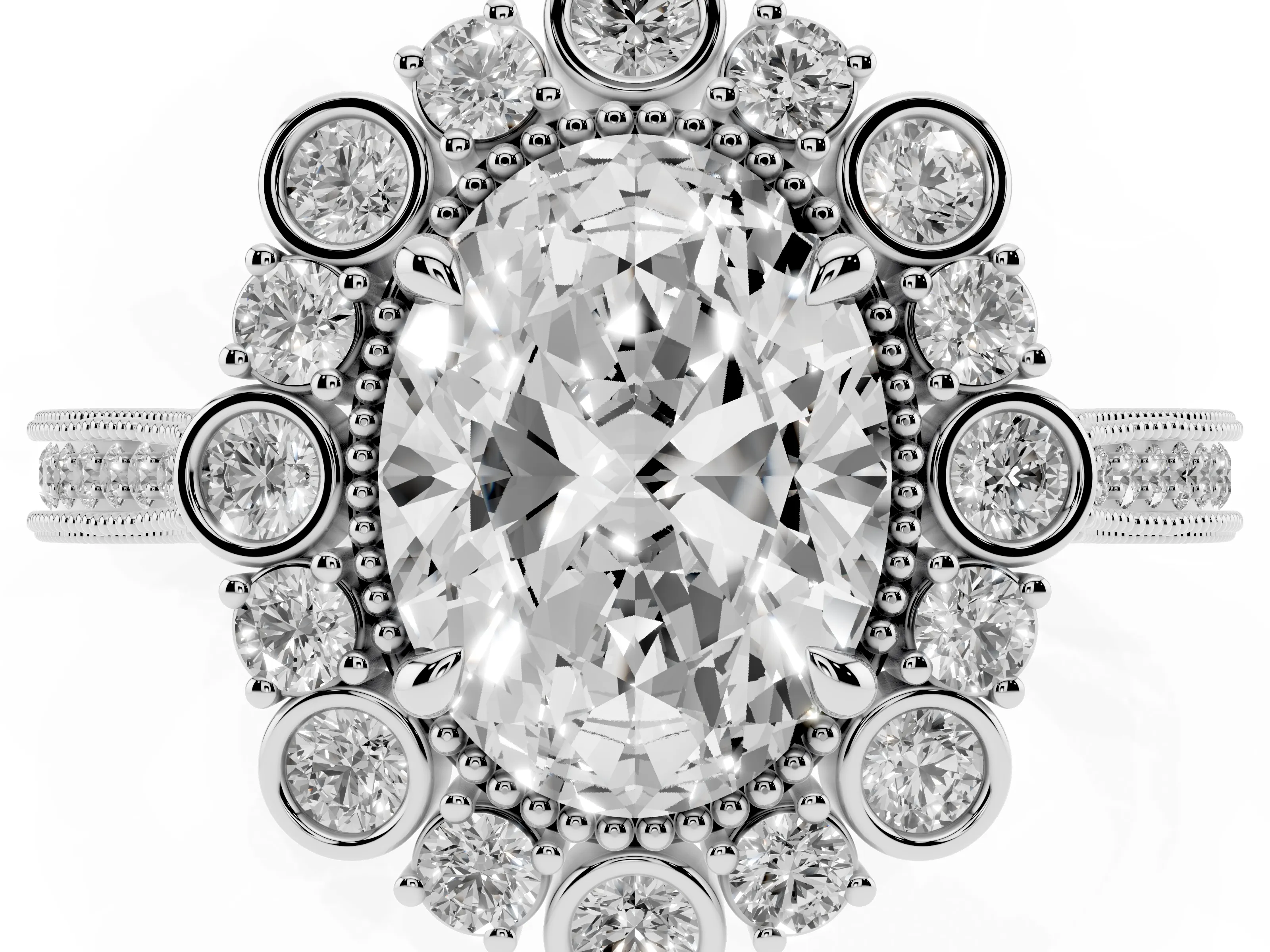 Oval Cut Diamond Halo Milgrain Pavé Ring Set in Platinum with Prong Setting