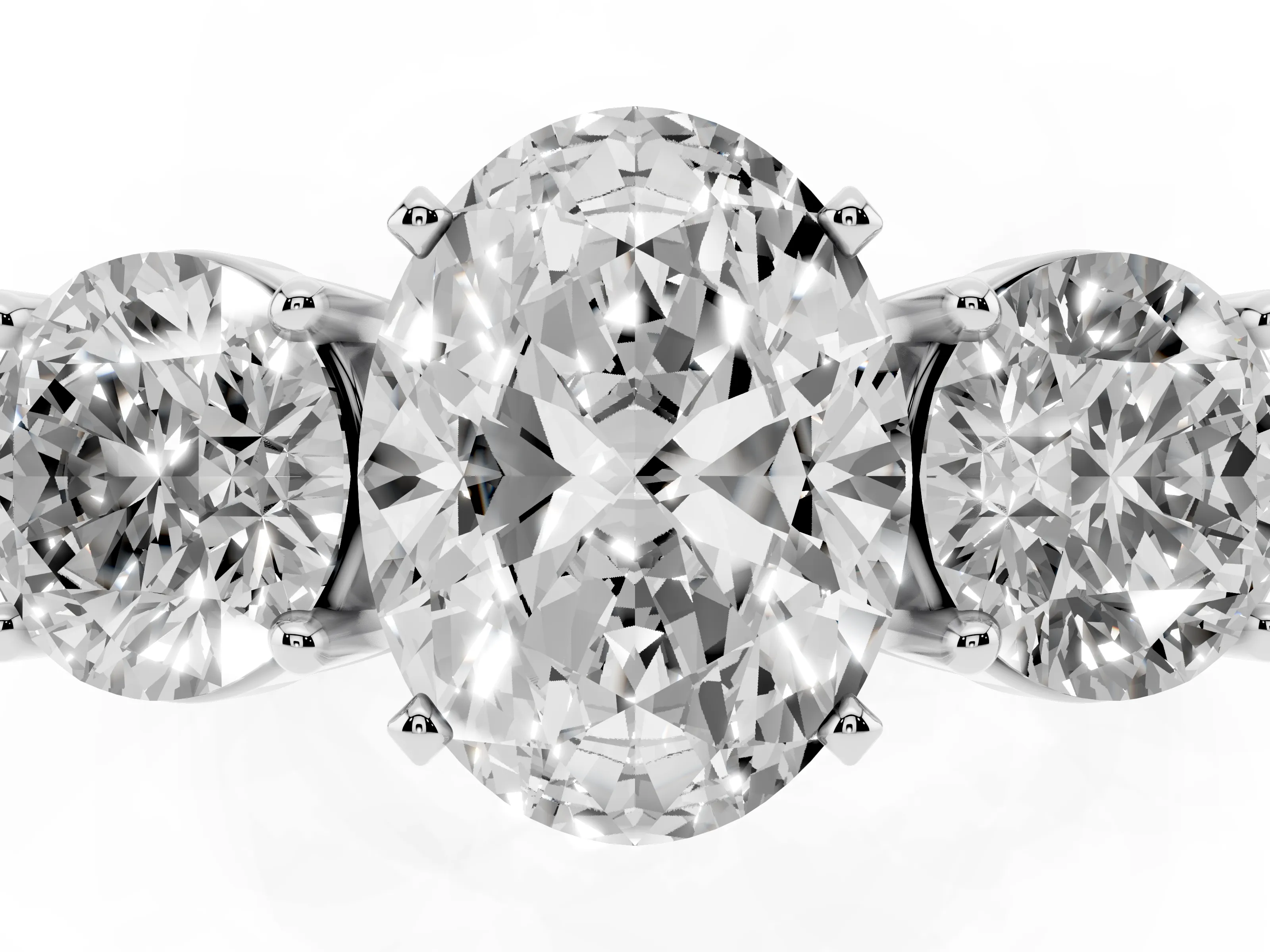 Oval Cut Diamond Three-Stone Ring Set in White gold with Round Side Stones and Classic Band