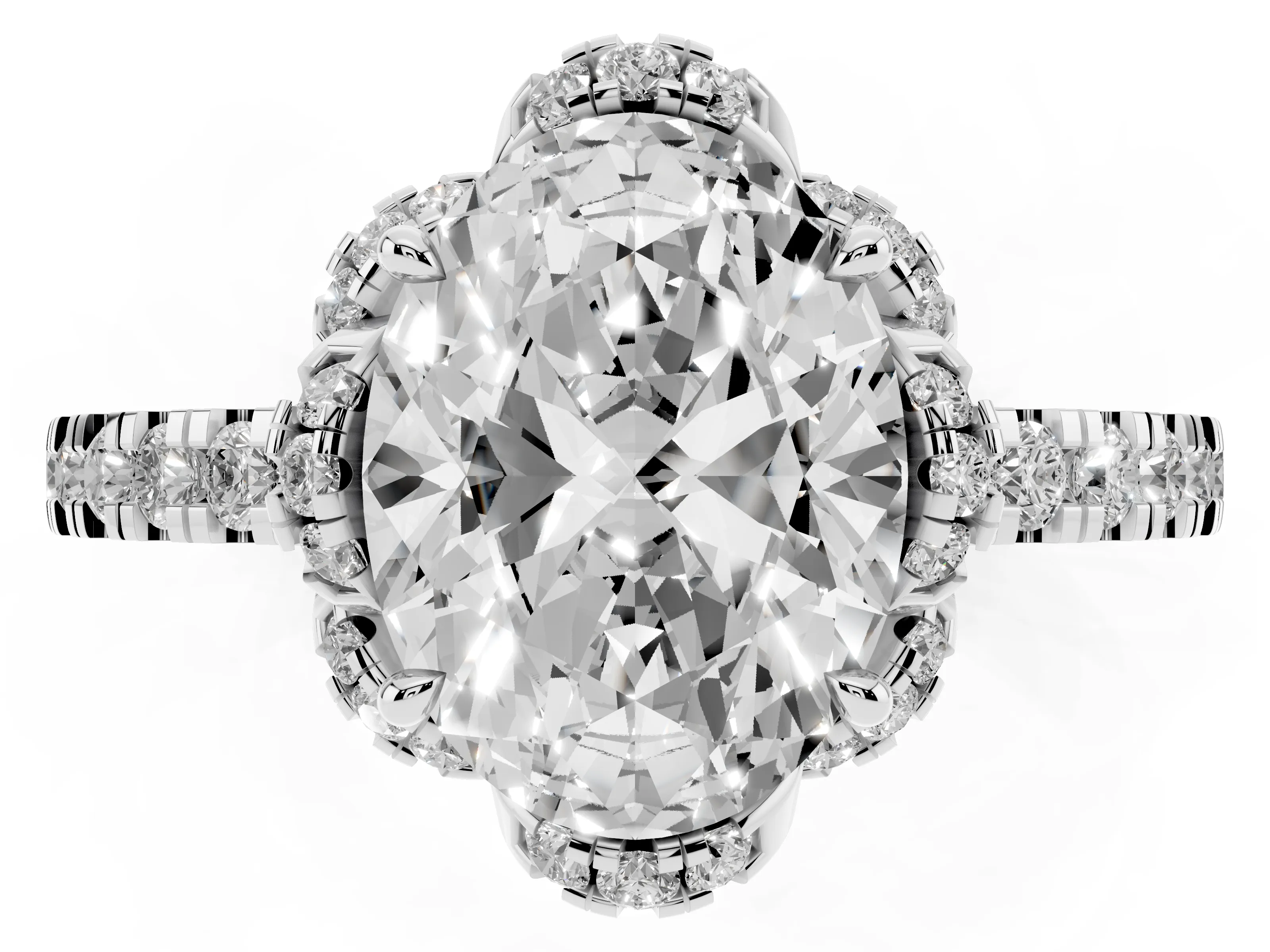 Oval Cut Diamond Halo Pavé Band Ring Set in Platinum with Prong-Held Center