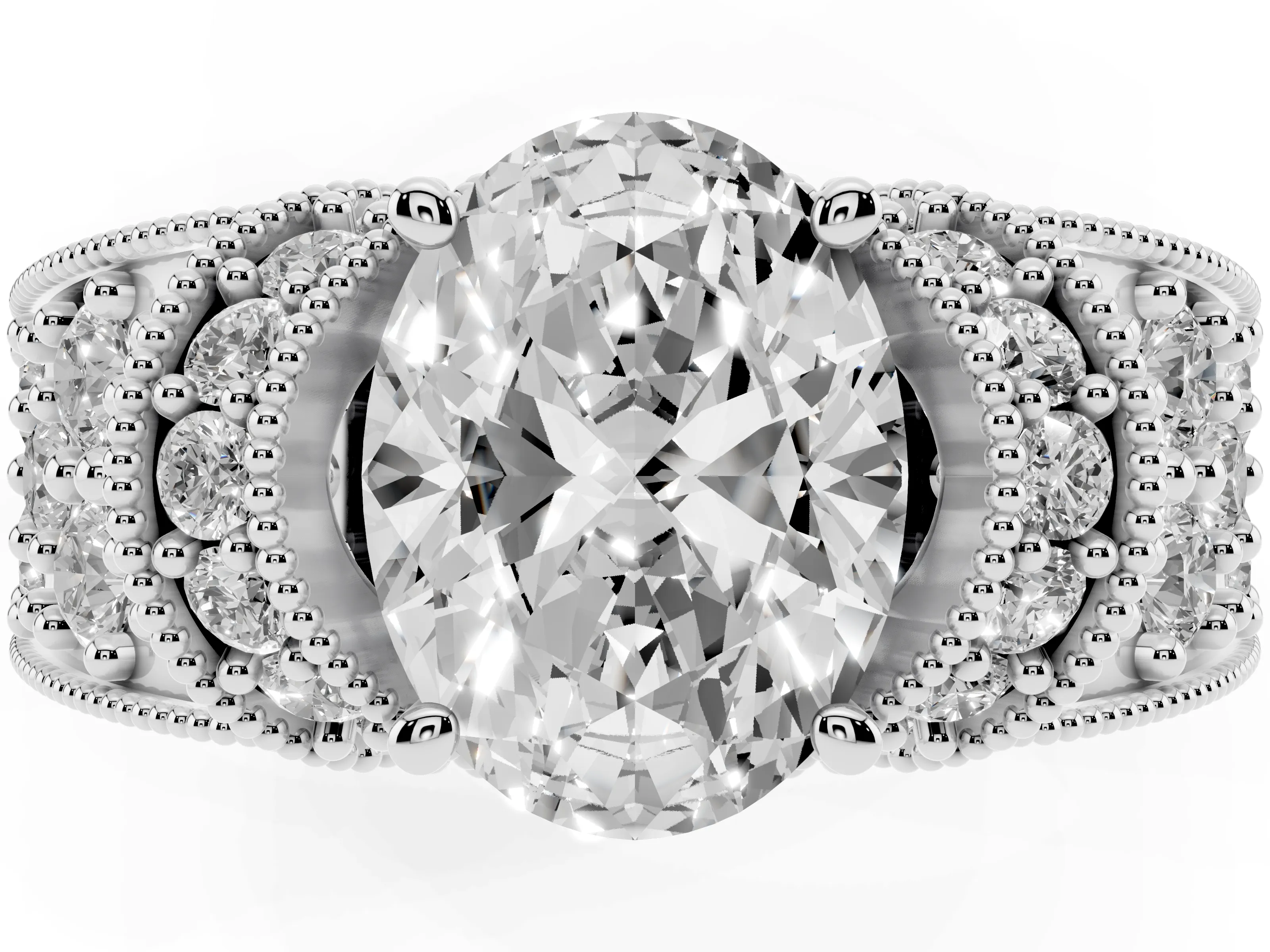 Oval Cut Diamond Milgrain Halo Pavé Engagement Ring Set in Platinum with Prong Setting