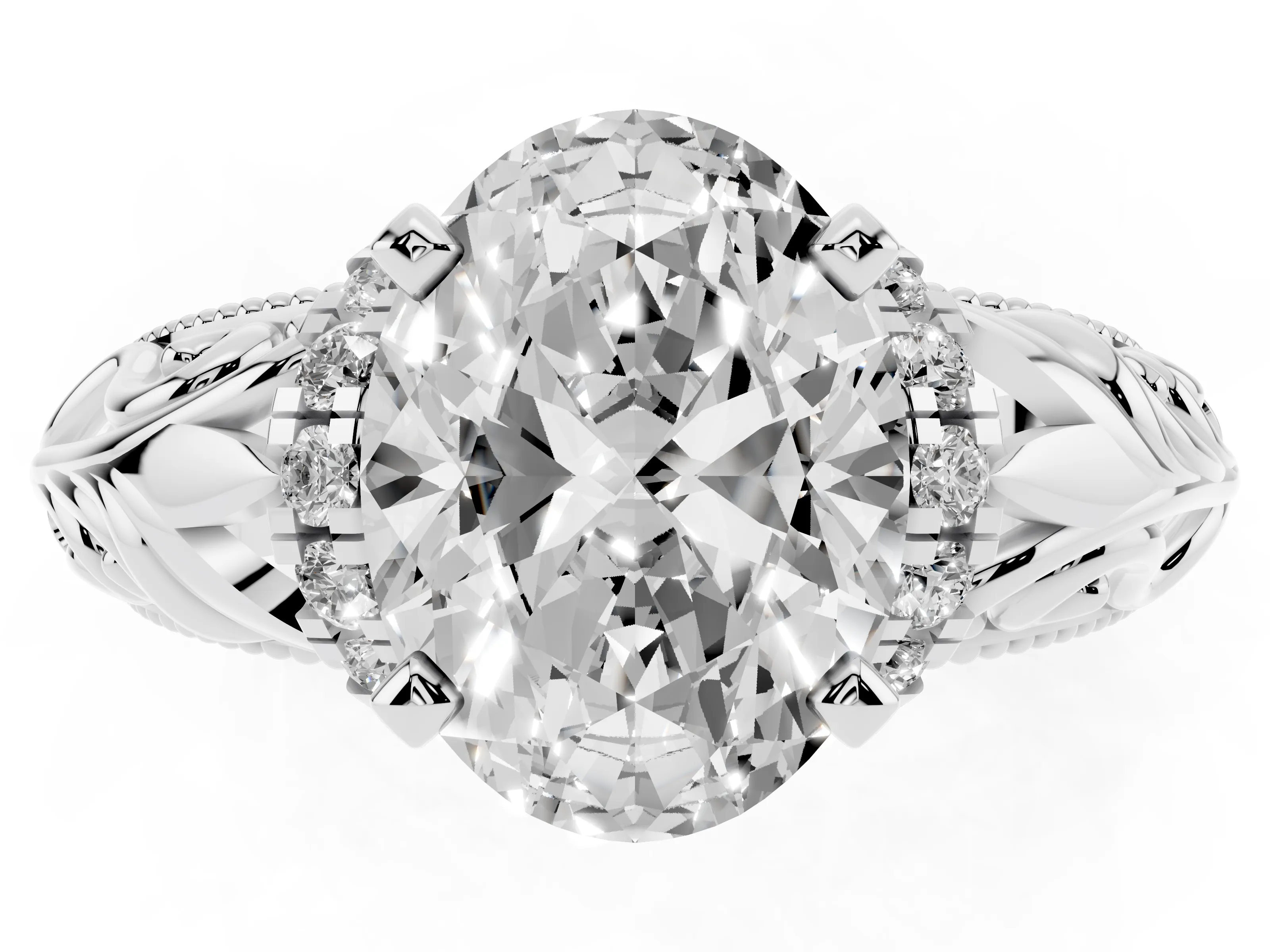 Oval Cut Diamond Filigree Halo Engagement Ring Set in Platinum with Prong Setting