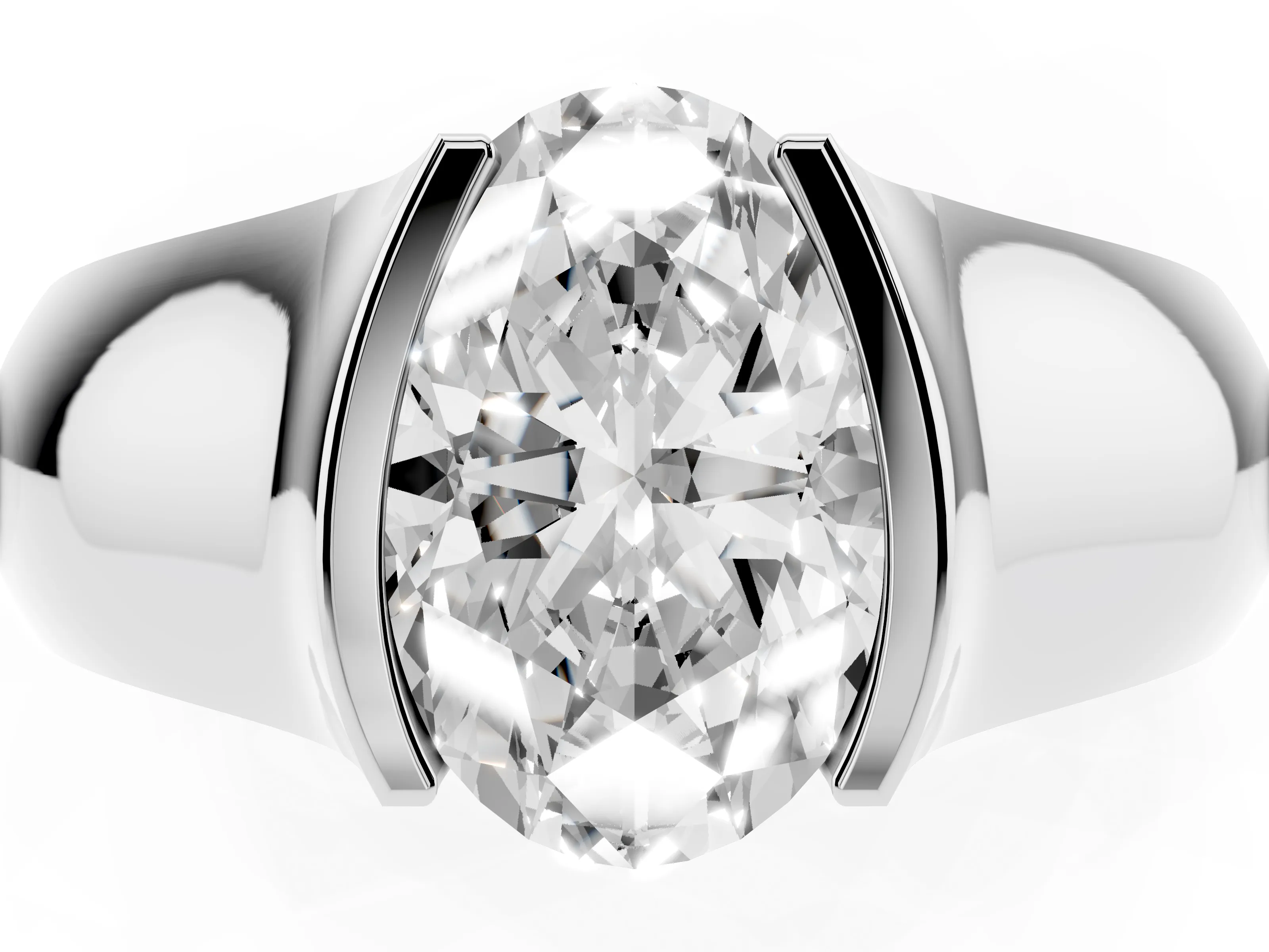 Oval Cut Diamond Bezel Solitaire Ring Set in White gold with Wide Band