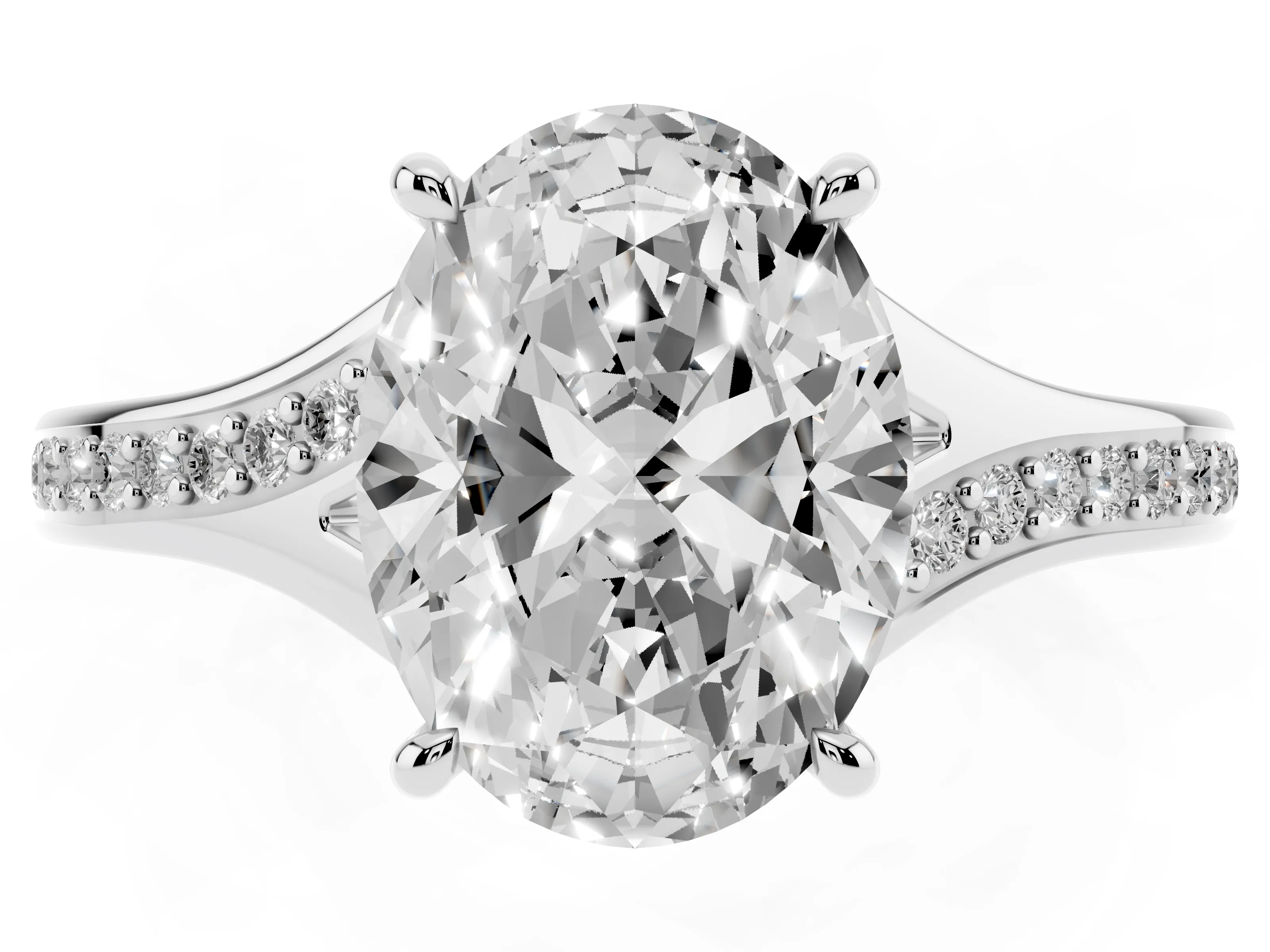 Oval Cut Diamond Solitaire Ring Set in Silver with Pavé Accent Band and Classic Prong Setting